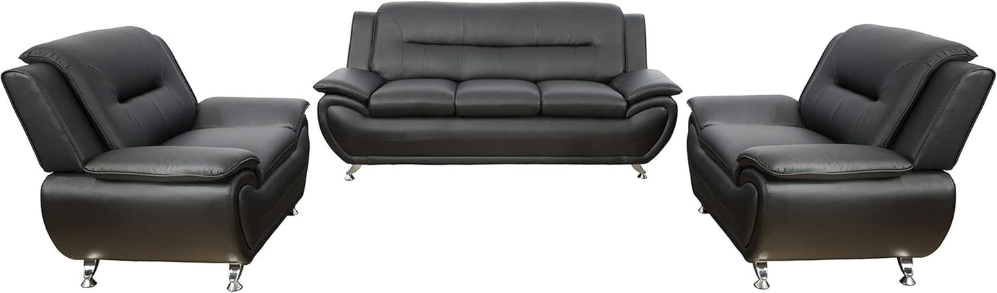 3PCS Faux Leather Sofa Set, Living Room Couch Set with Sofa, Loveseat and Chair (Black)-2