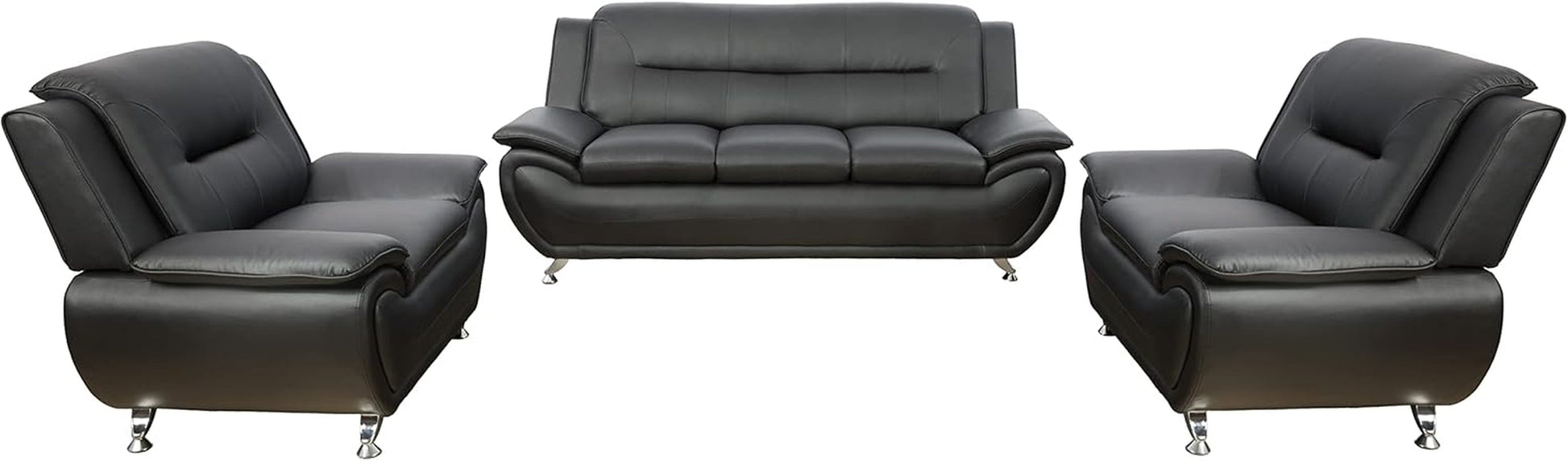 3PCS Faux Leather Sofa Set, Living Room Couch Set with Sofa, Loveseat and Chair (Black)-2