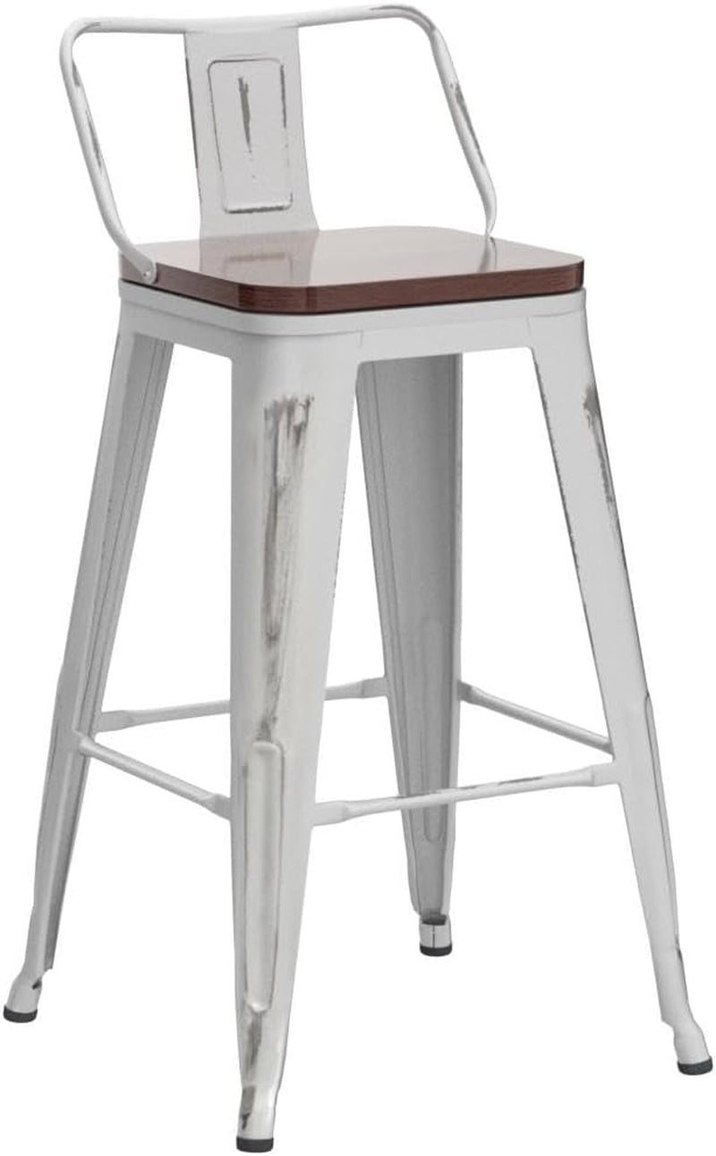 24" Swivel Metal Barstools Set of 4, Counter Height Bar Stools Industrial Bar Chairs with Modern Wooden Top-Low Back, Distressed White-4