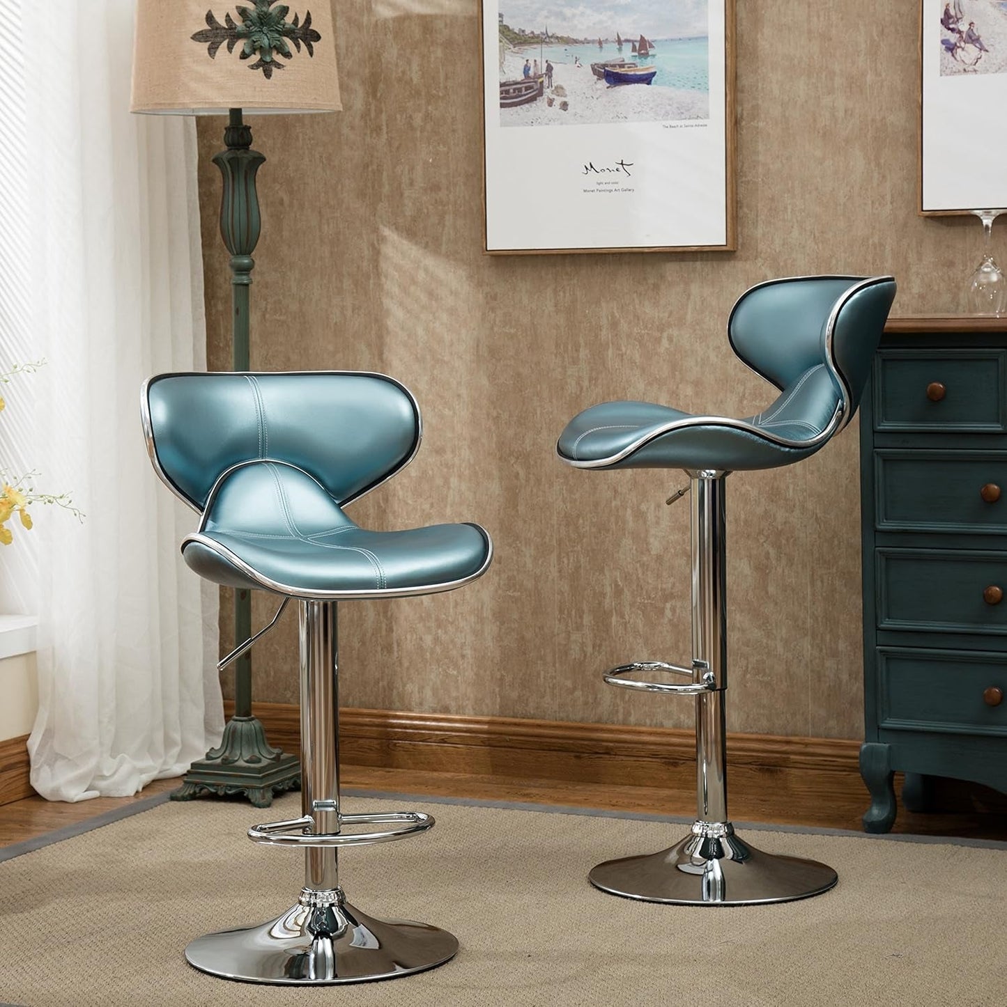 Masaccio Cushioned Leatherette Upholstery Airlift Adjustable Swivel Barstool with Chrome Base, Set of 2, Blue-3
