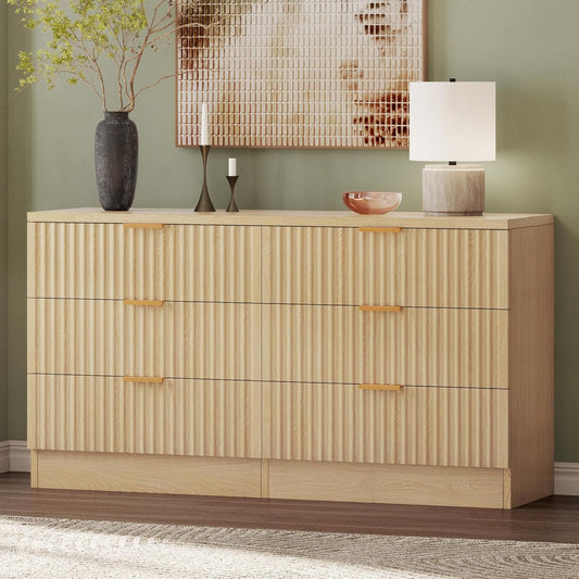 6-Drawer Dressers, Chest of Drawers with Fluted Panel, Wide Versatile Storage Dresser Organizer for Living Room, Kitchen and Office, Natural, Upgraded-0