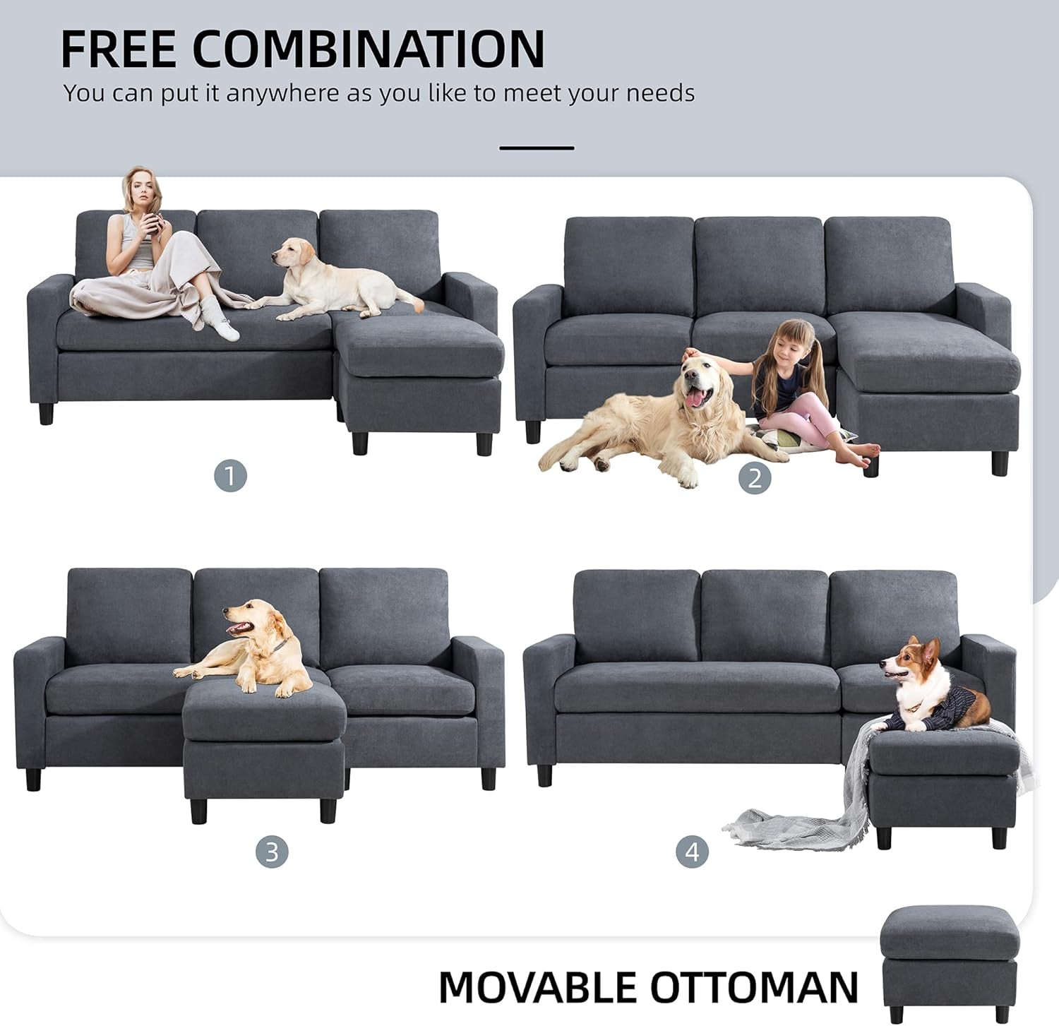 Dark Gray 3-Seat L-Shape Sectional Sofa Ottoman-4