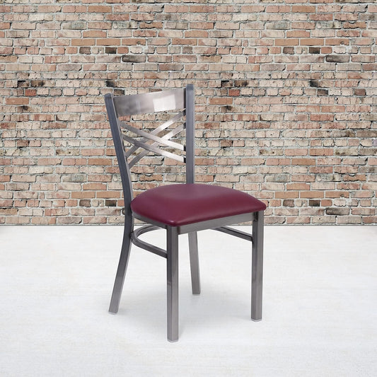 2 Pk. HERCULES Series Clear Coated ''X'' Back Metal Restaurant Chair - Burgundy Vinyl Seat-1