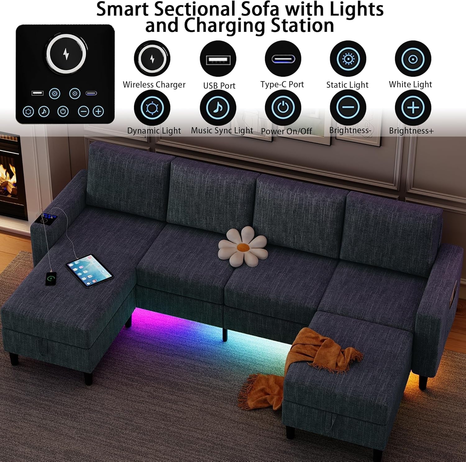 Sectional Couches for Living Room, 4 Seat Linen Sectional Sofa with Reversible Chaise Lounge/Storage Ottoman, U Shaped Couch with Smart Module-Wireless Charging/Usb/Type-C/Rgb Light (Blue)-2