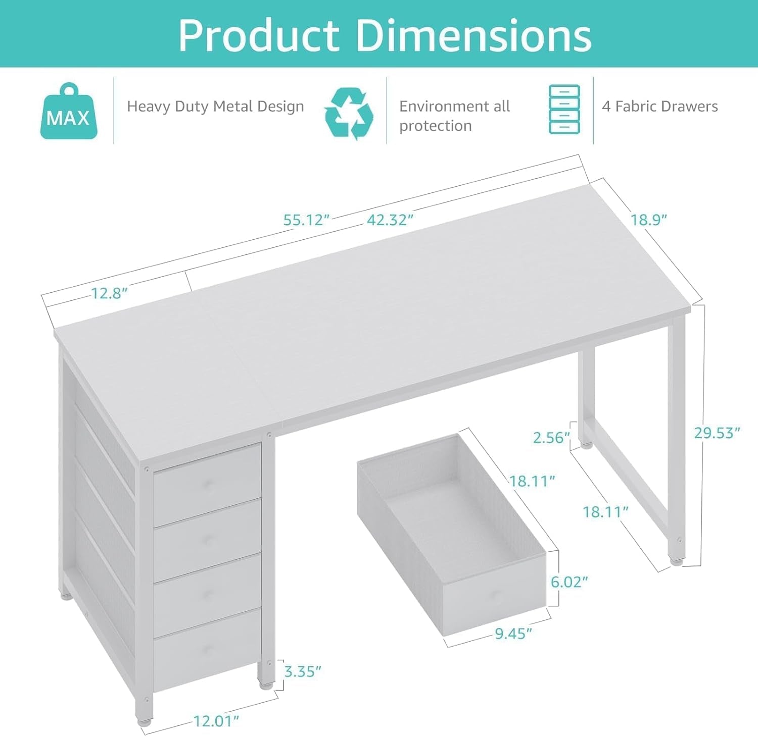 55" White Computer Desk with Fabric Drawer-2