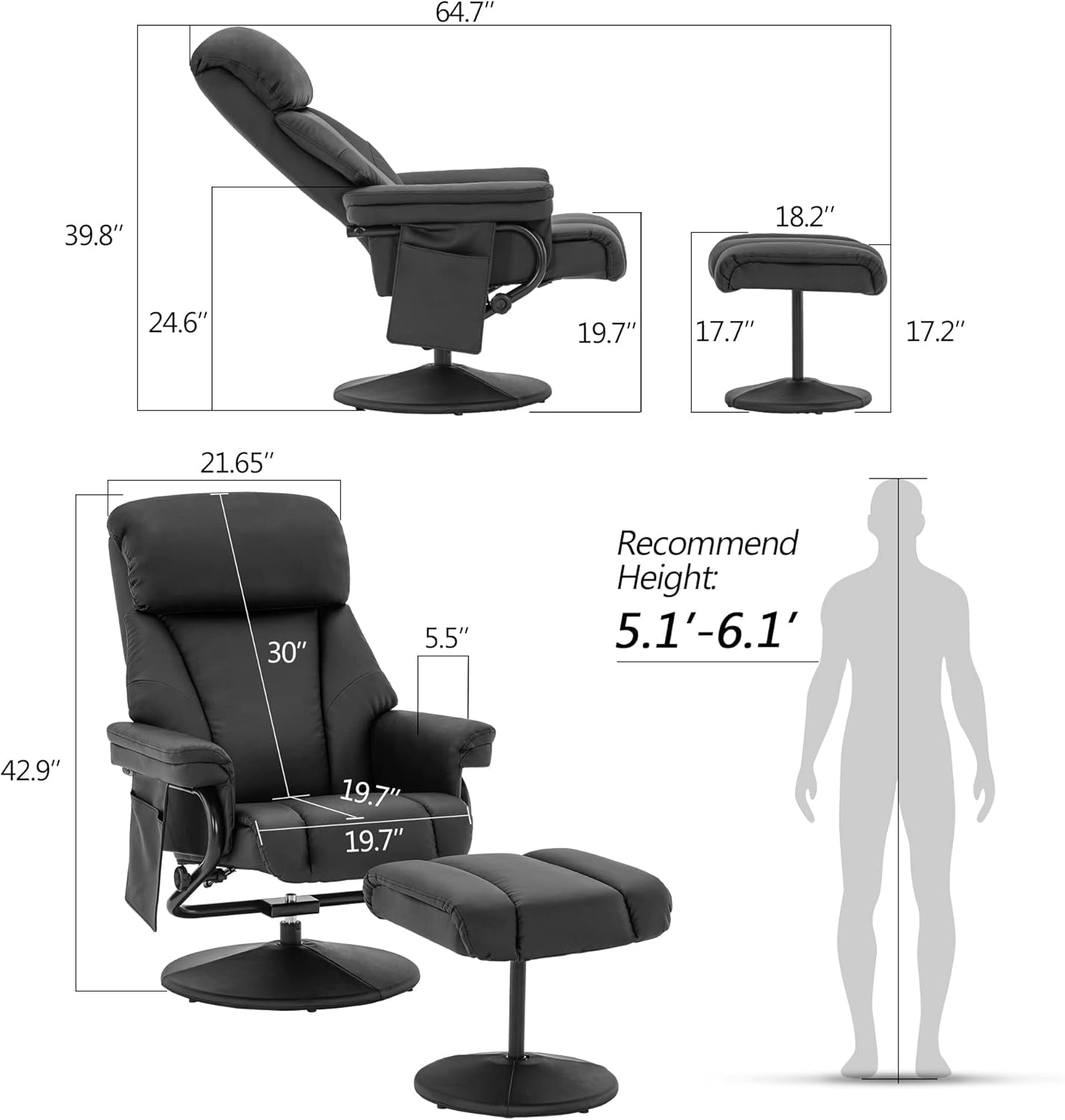 Swivel Recliner with Ottoman, TV Chair with Vibration Massage, Ideal for RV Small Space, Living Room & Bedroom 4539 4828 (Faux Leather, Black)-2