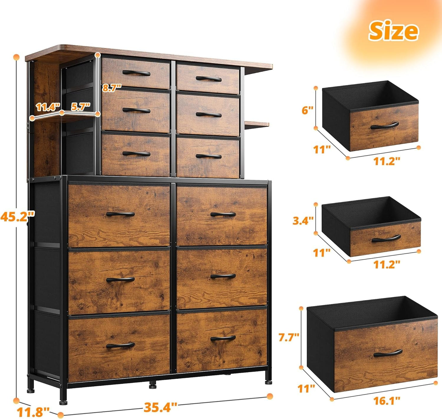 Dresser for Bedroom with LED Lights, 12 Drawers Bedroom Dresser, Dresser and Tall Dresser with Open Shelves, Fabric Dressers & Chests of Drawers with Sturdy Metal Frame, Rustic Brown-2