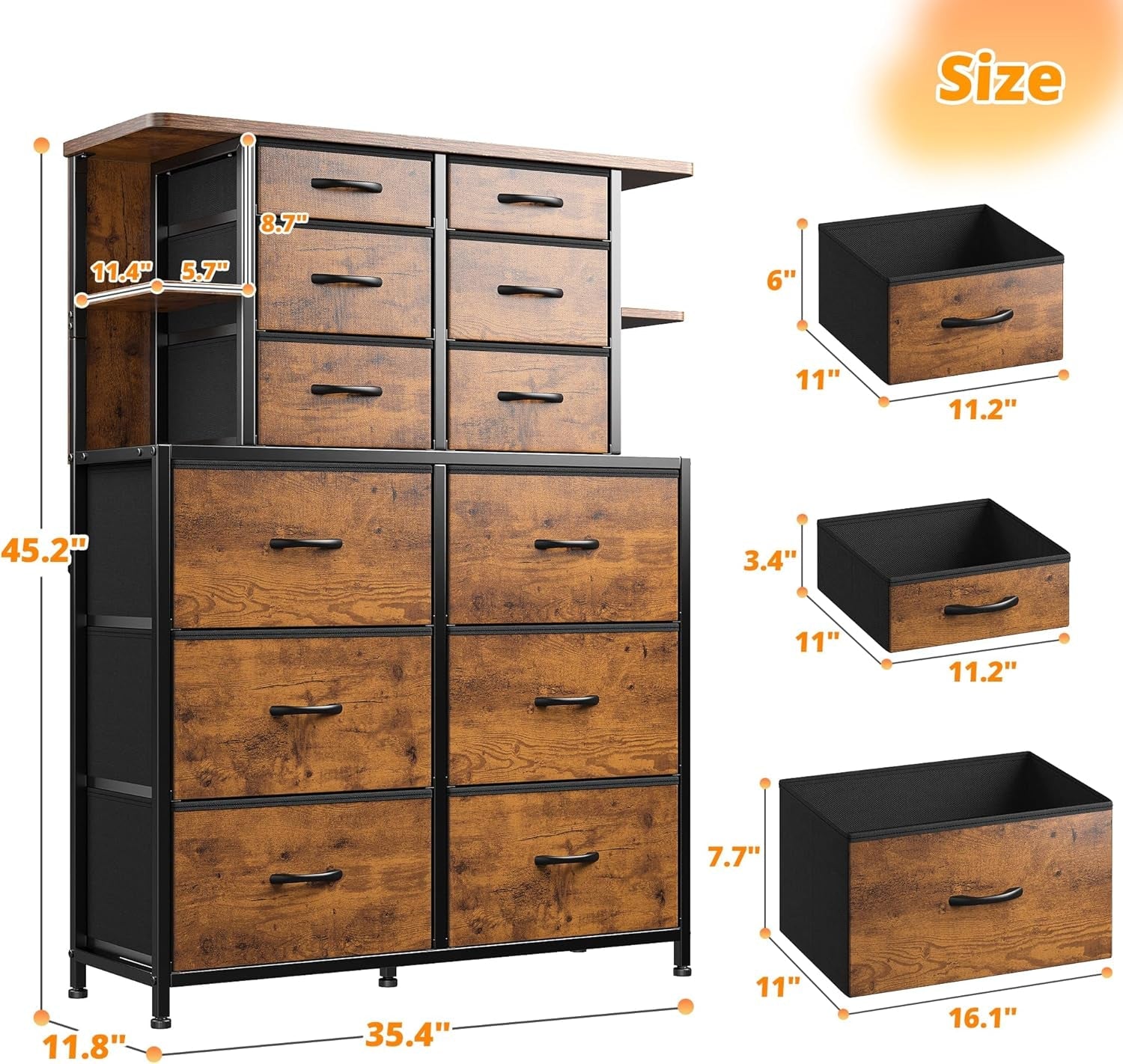 Dresser for Bedroom with LED Lights, 12 Drawers Bedroom Dresser, Dresser and Tall Dresser with Open Shelves, Fabric Dressers & Chests of Drawers with Sturdy Metal Frame, Rustic Brown-2