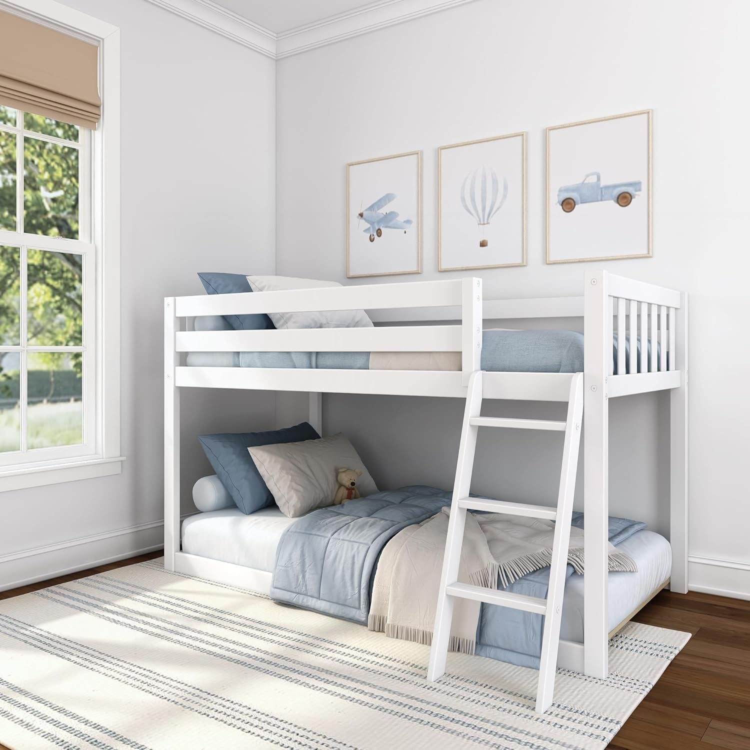 Fundamental Twin Low Bunk Bed, Kids Solid Wood Modern Bed Frame with Strong Wooden Slats, Non-Toxic Finishes, High Weight Capacity, White-0