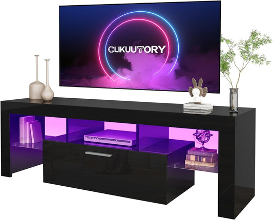 Black LED TV Stand with Large Storage Drawer for 32 40 50 55 Inch Tvs, Modern High Gloss TV Console Table with Entertainment Center for Living Room, Bedroom, Black-0