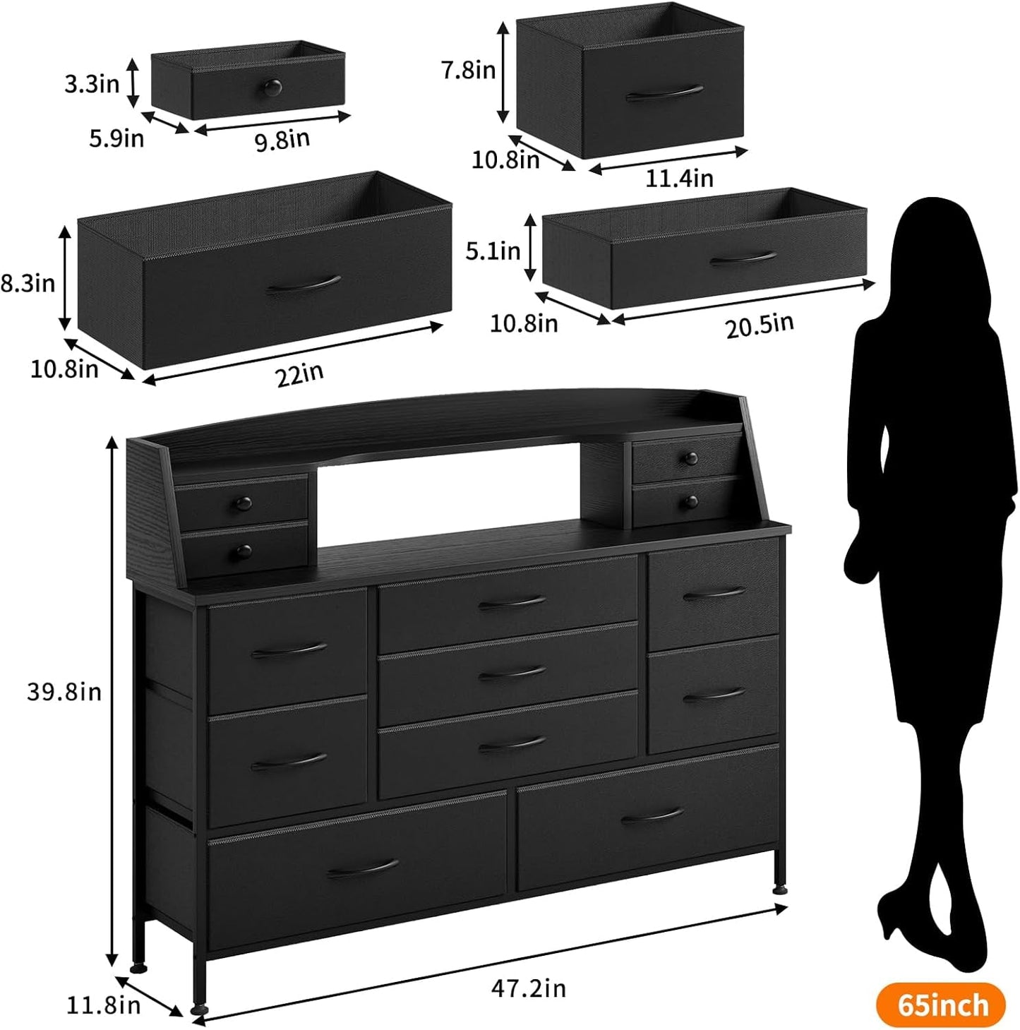 Black Nursery Dresser for Bedroom with 13 Drawers, Fabric Chest of Drawers with PU Finish for Kids, Boys, Adults, Nursery, Living Room, Closet, Entryway, Hallway (No LED Lights)-1
