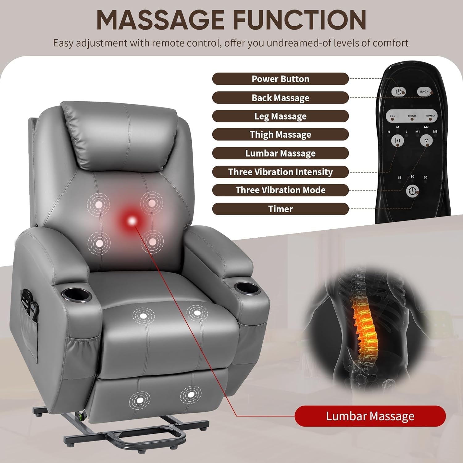 Gray Power Lift Recliner Massage Elderly Cup Holders-3