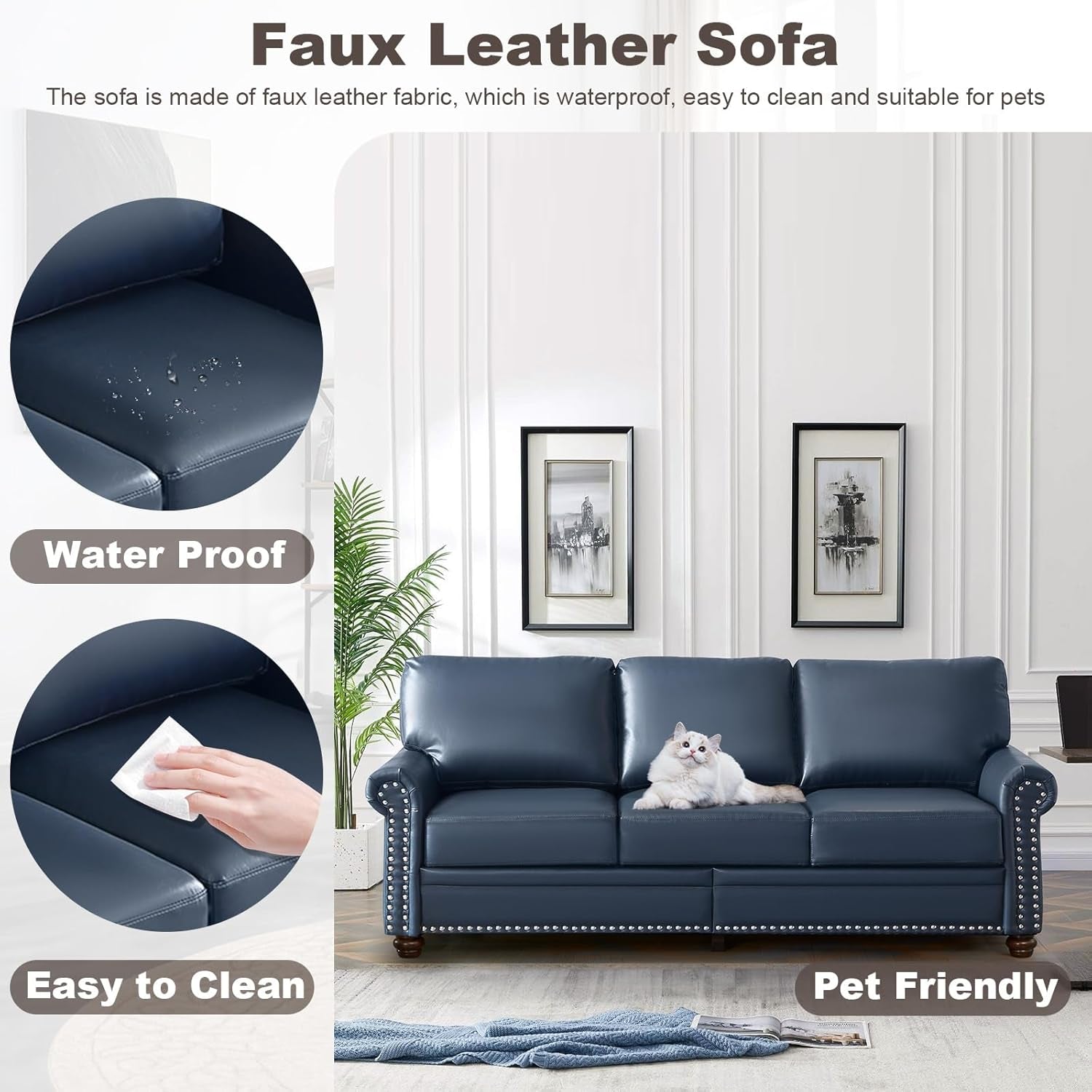 3 Piece Faux Leather Sofa Set,Mid Century Modern Couch and Loveseat Sets with Storage,Comfy Deep Seat Sofa with Nailhead Trim & Rolled Arm for Living Room,Office(Armchair+Loveseat+3 Seater,Navy Blue)-4