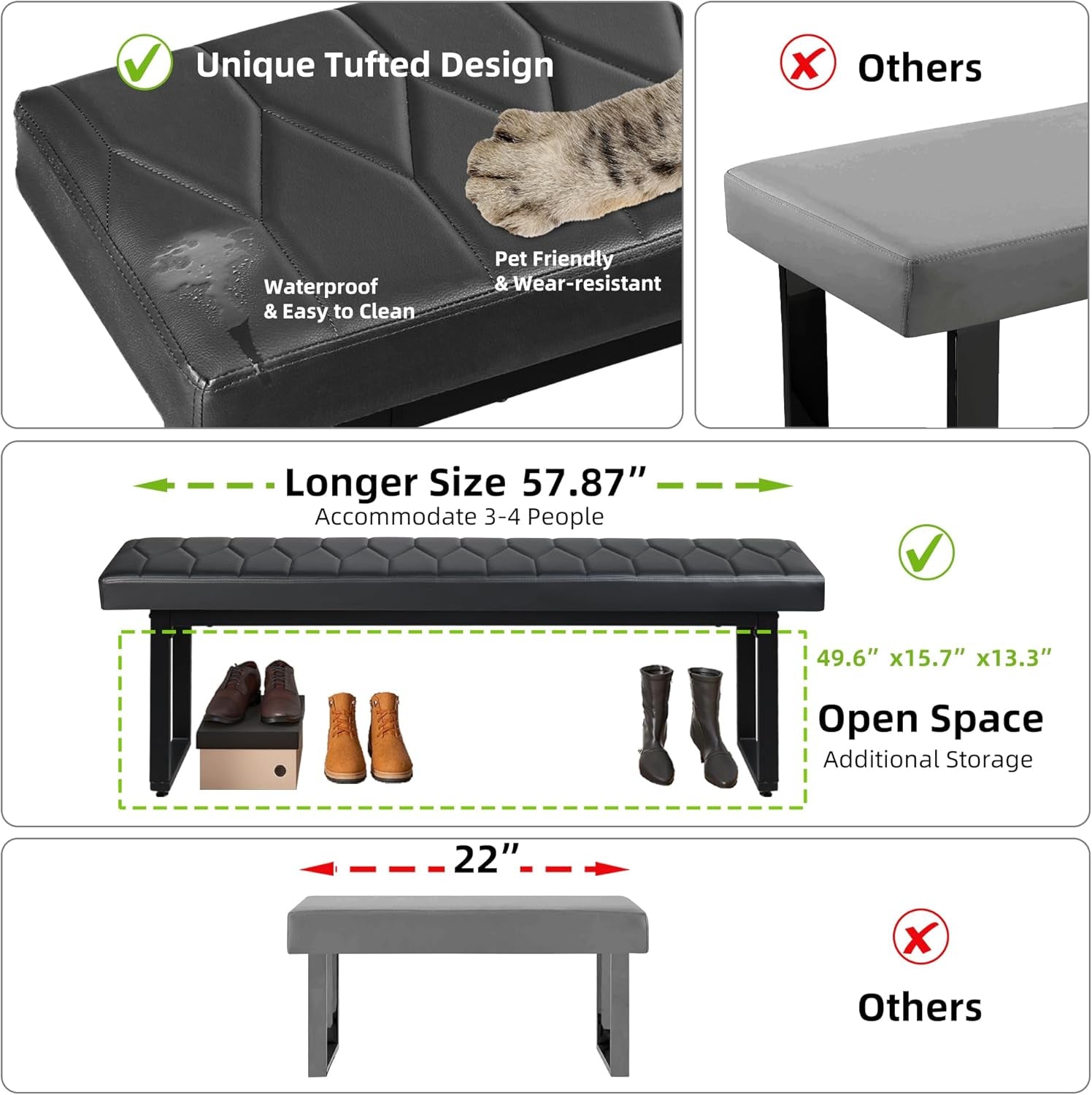 58” Padded Dining Table Bench Pair of 2 for 6-8 Person, Faux Leather Indoor Cushioned Bench, Extra Long Bench for Dining Room Table, Bedside Bench, Shoe Bench, Entryway Bench (Black, 58")-3