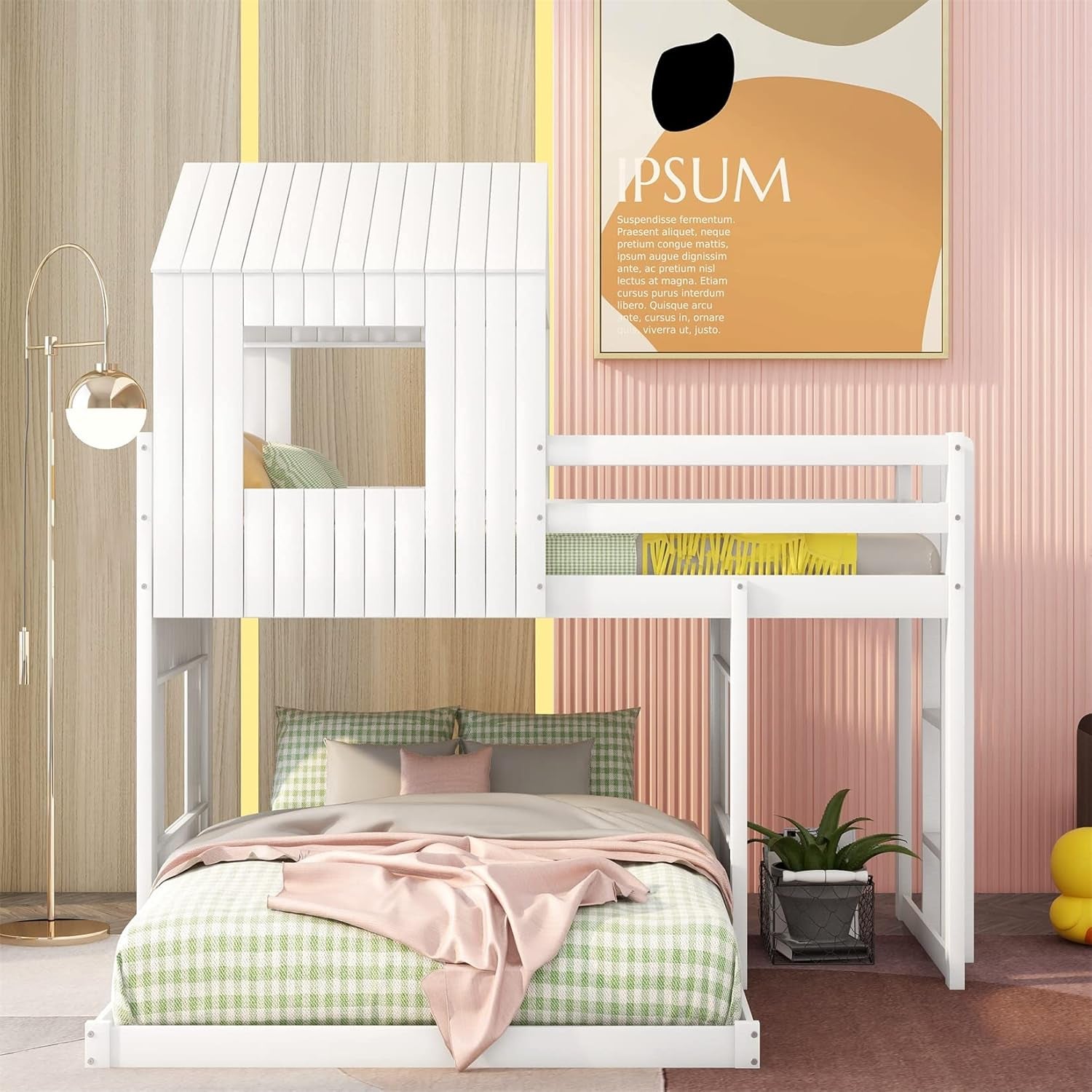 House Bunk Beds, Twin over Full Bunk Bed Wood Playhouse Bunkbed Low Bed Frame for Kids Toddlers Girls/Boys, White-1