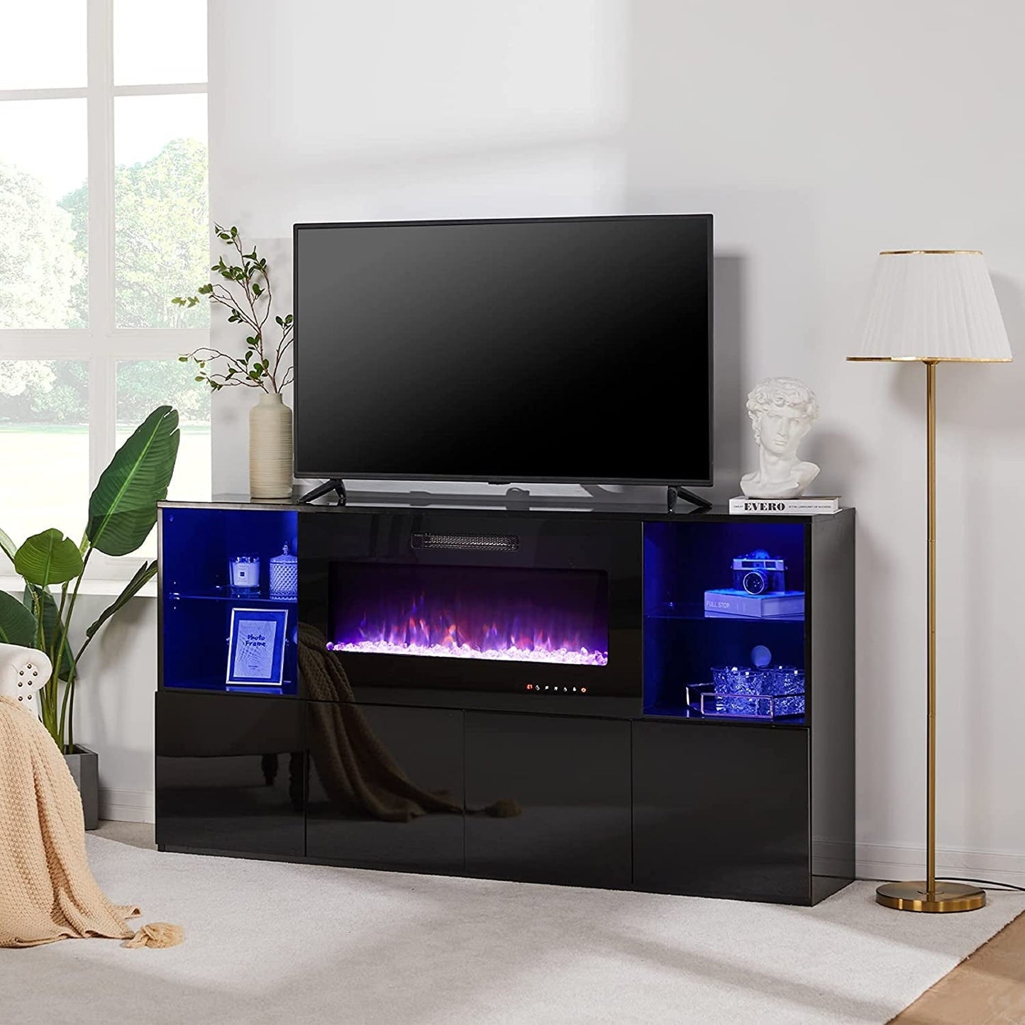 Modern TV Stand with Electric Fireplace and LED Lights-0