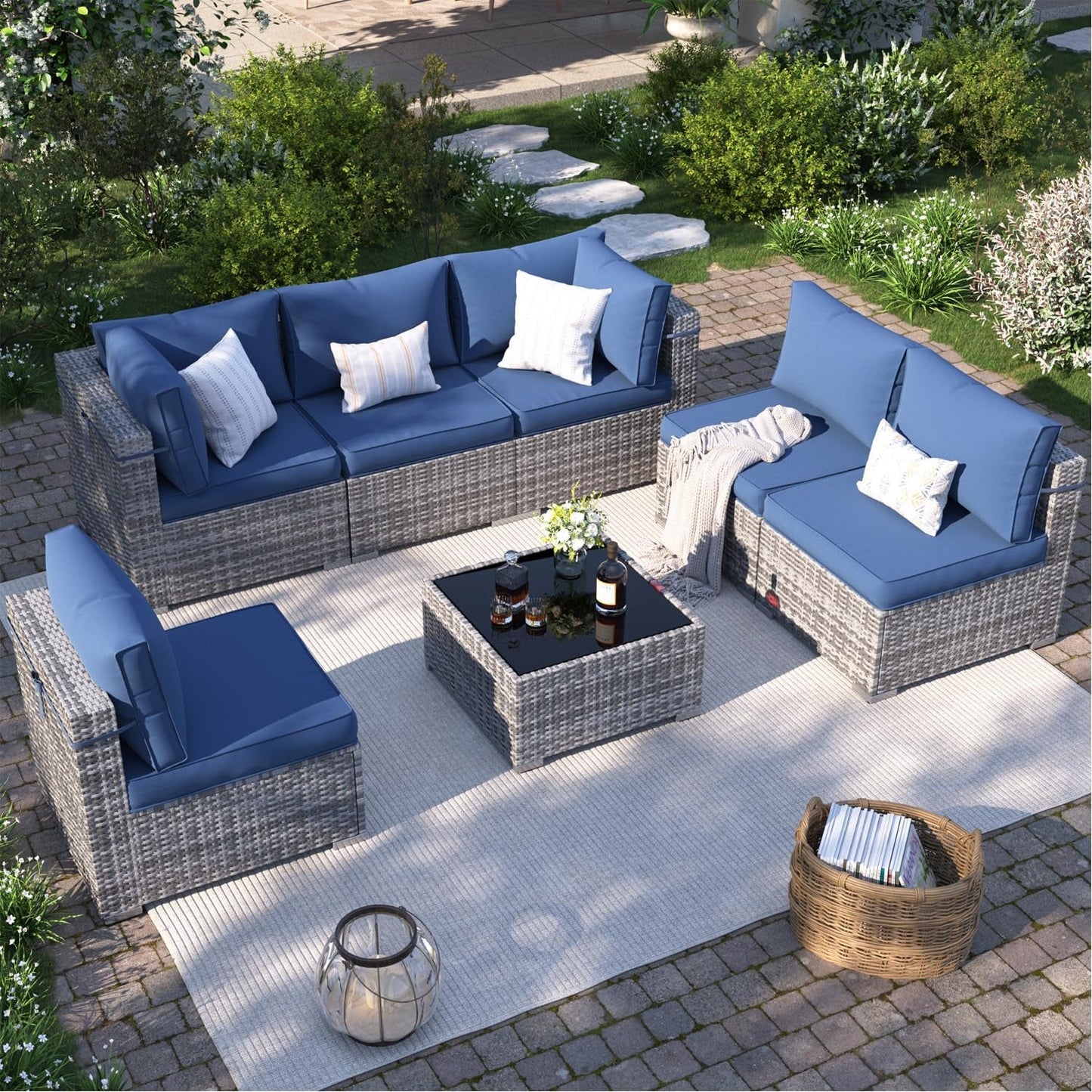 Patio Furniture Set, 7-Piece Outdoor Sectional with Waterproof Cover, All-Weather Wicker Patio Conversation Sets for Backyard (Grey with Navy Cushion)-0
