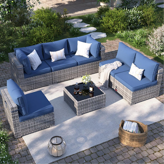 Patio Furniture Set, 7-Piece Outdoor Sectional with Waterproof Cover, All-Weather Wicker Patio Conversation Sets for Backyard (Grey with Navy Cushion)-0