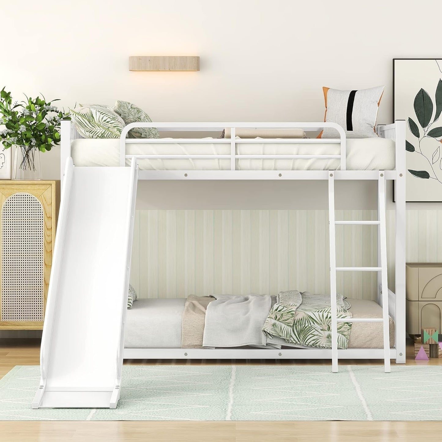 Bunk Bed with Slide, Metal Twin over Twin Bunk Bed with Slide and Ladder, Made of Heavy Duty Steel, for Kids Girls Boys Teens – White-3