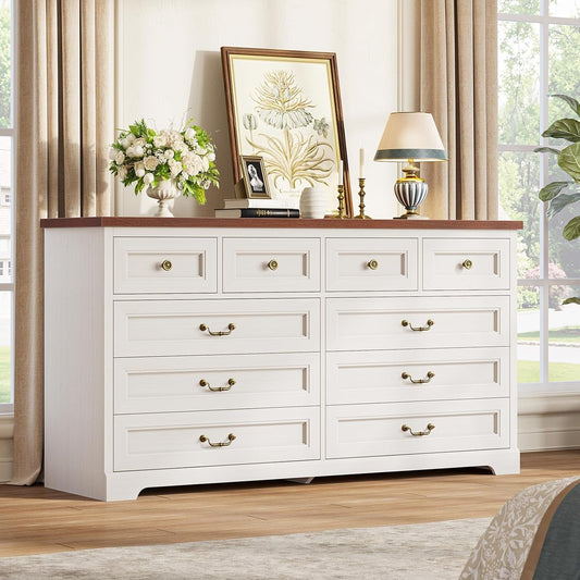 Farmhouse 10 Drawers Dresser for Bedroom, 55.1" Wide Dresser Chest of Drawers, Rustic Wood Storage Dresser with Deep Drawers and Vintage Handle, Large White Dresser for Bedroom, Closet, Hallway-0