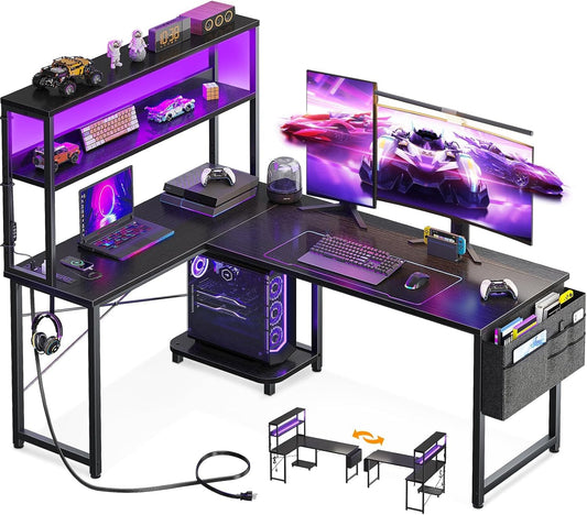 L Shaped Desk Gaming Desk with LED Light & Power Outlet, 53 Inch Reversible L Shaped Computer Desk with Shelf, Corner Desk with Storage Bag&Hook for Home Office Desk, Black-0