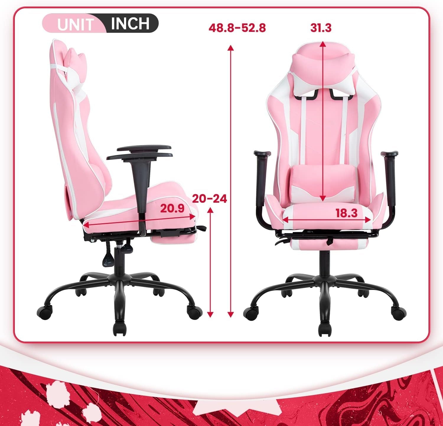 PC Gaming Chair Desk Chair Ergonomic Office Chair Executive High Back PU Leather Racing Computer Chair with Lumbar Support Footrest Modern Task Rolling Swivel Chair for Women Men Girls Adults, Pink-2
