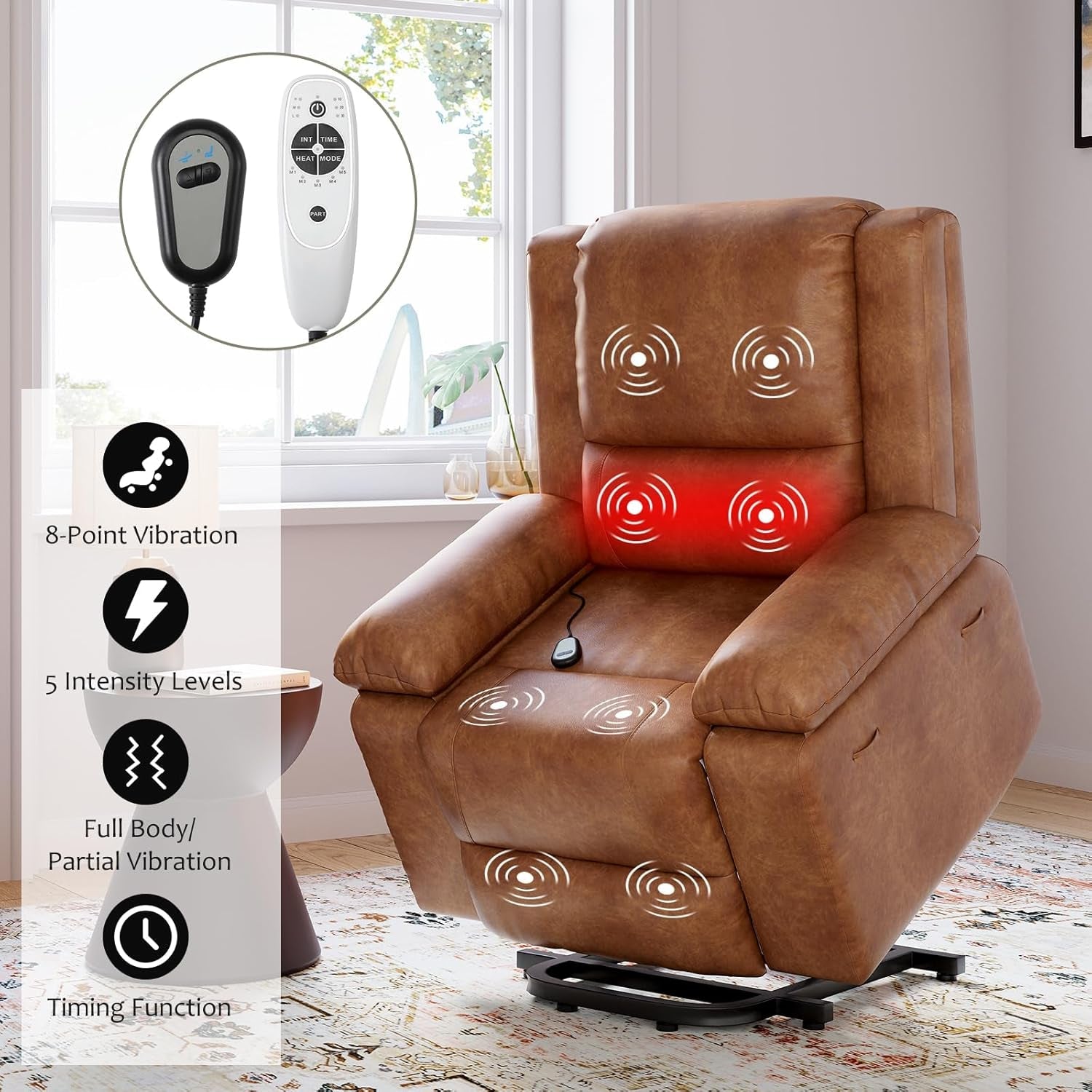 Oversized Faux Leather Power Lift Recliner W/Massage and Heat for Elderly, Recliner Chairs with Pockets for Living Room (Cognac, Large)-1