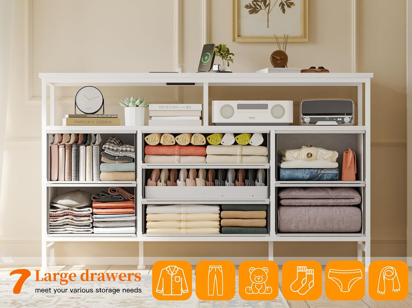 55 Inch Dresser TV Stand with Power Outlets and LED Lights, White Long Dresser for Bedroom with 7 Fabric Drawers, Large Dresser TV Stand for up to 65 Inch TV, Chest of Drawers for Bedroom White-3