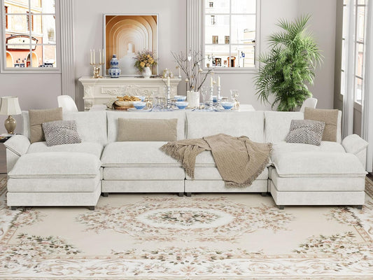 Sectional Modular Sofa U Shaped Chenille Fabric Couch with High Supportive & Soft Sponges and Removable Ottoman, Sleeper Comfy Upholstered Furniture for Living Room, White-0