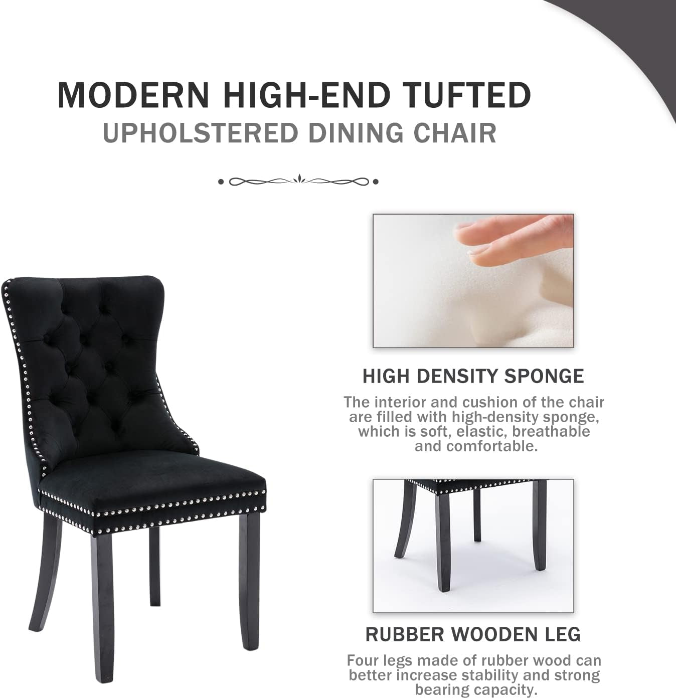 Velvet Dining Chairs Set of 4, Upholstered Dining Room Chairs with Ring Pull Trim and Button Back, Luxury Tufted Dining Chairs for Living Room, Bedroom, Kitchen (Black)-2