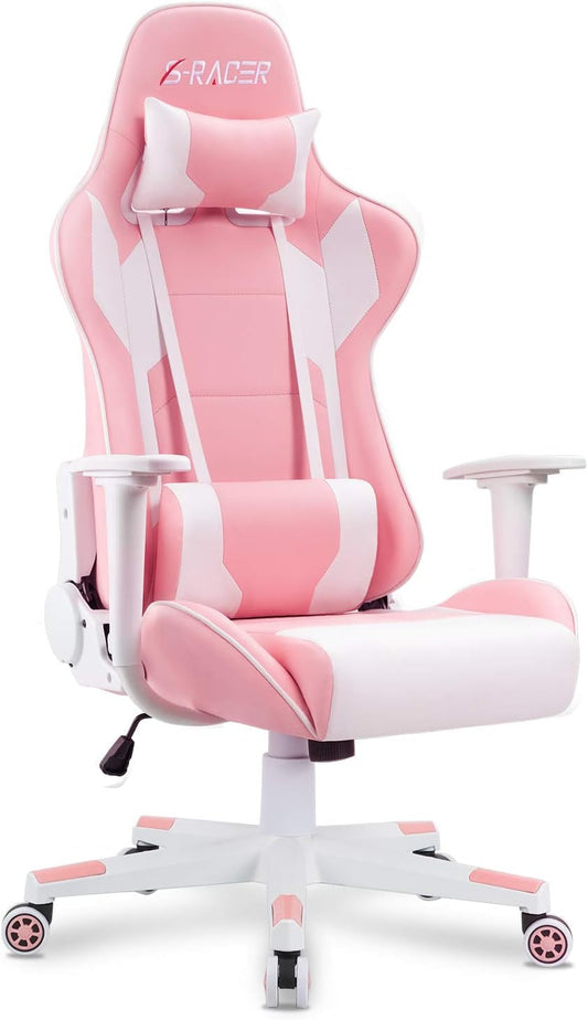 Gaming Chair, Office Chair High Back Computer Chair Leather Desk Chair Racing Executive Ergonomic Adjustable Swivel Task Chair with Headrest and Lumbar Support (Pink)-0