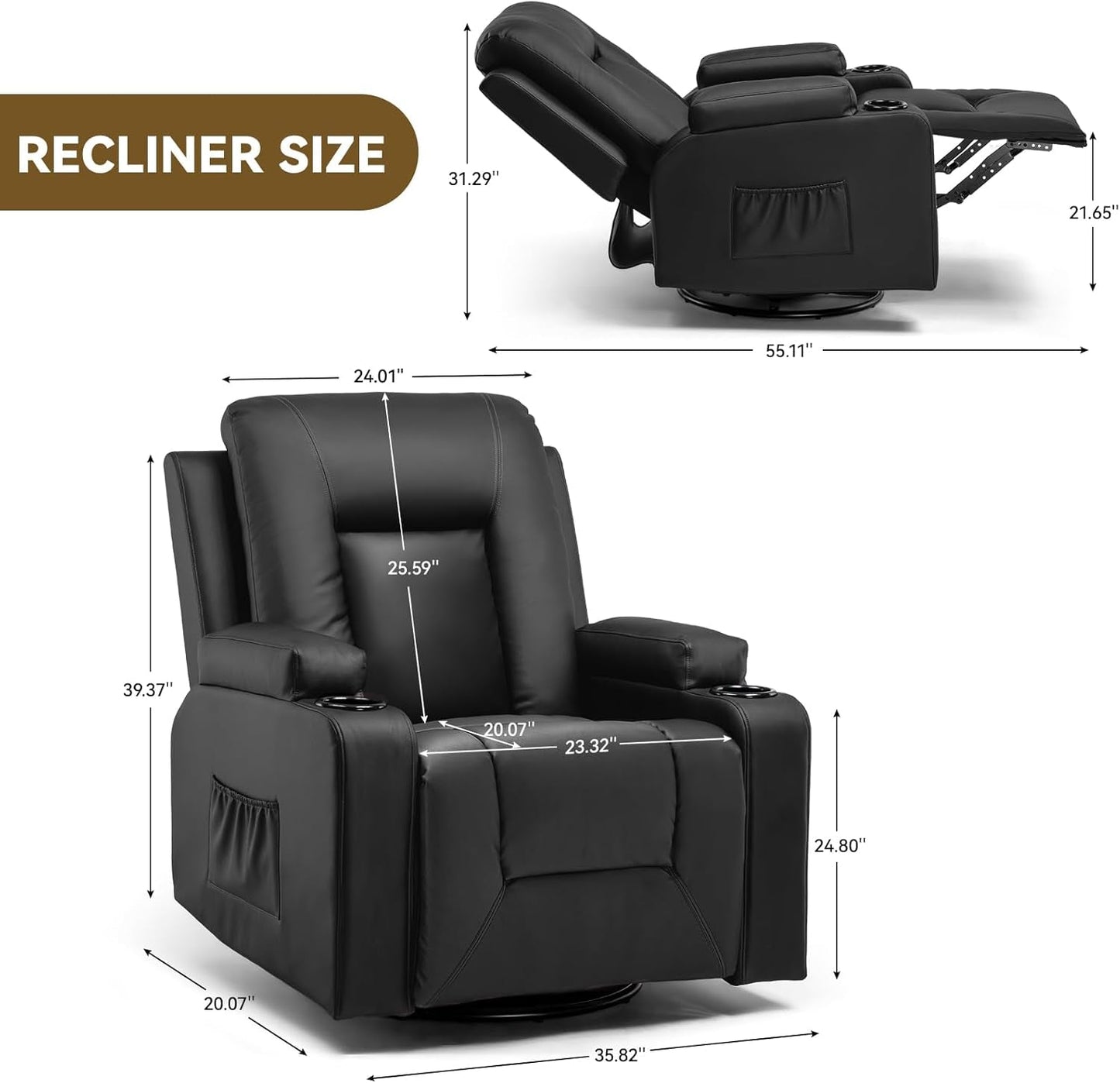 Recliner Chair, Swivel Rocker Recliners, Massage and Heat Reclining Chair, Reclining Sofa with Side Pockets, Cup Holders for Living Room, Bedroom (Black)-1