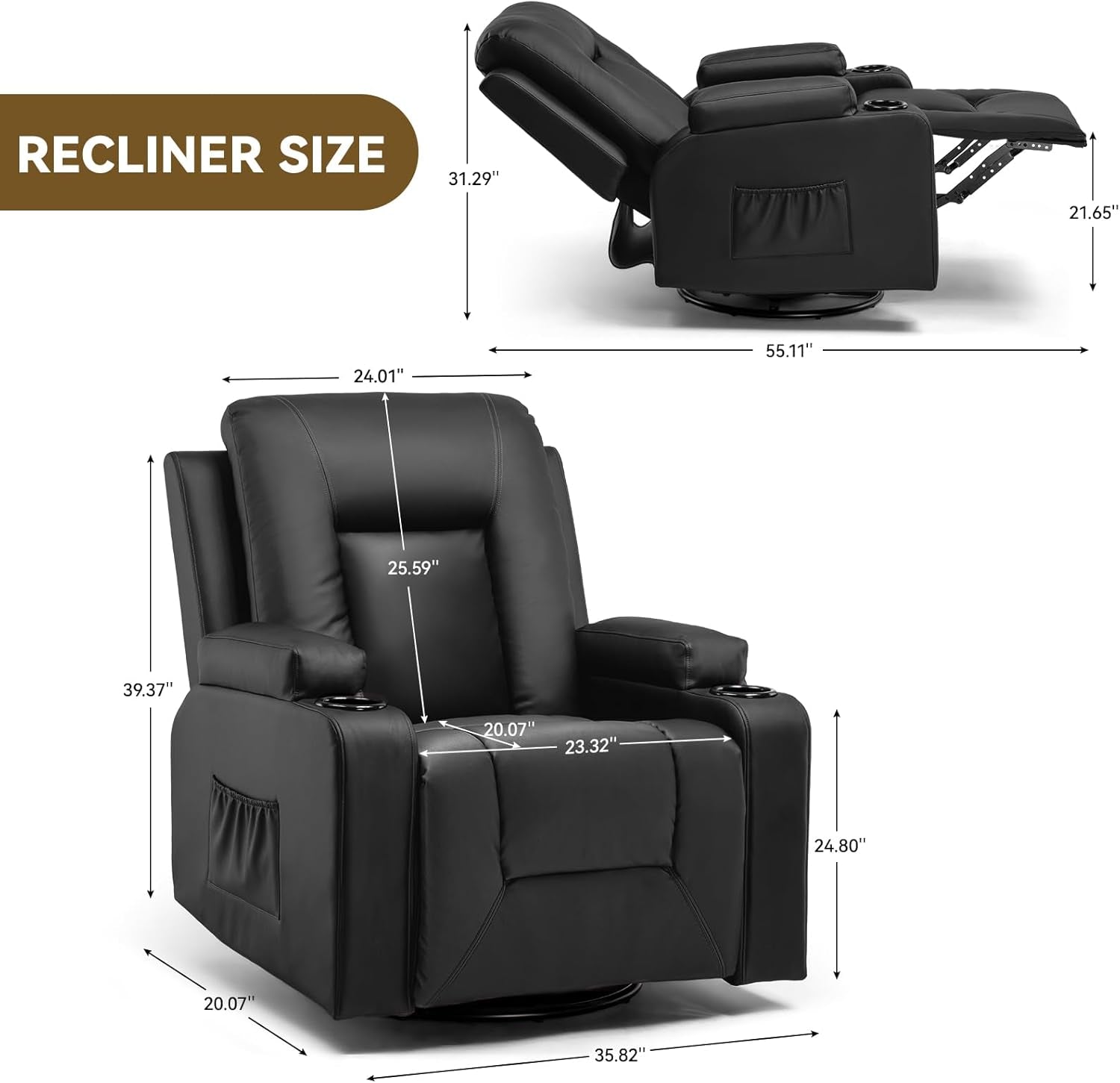Recliner Chair, Swivel Rocker Recliners, Massage and Heat Reclining Chair, Reclining Sofa with Side Pockets, Cup Holders for Living Room, Bedroom (Black)-1