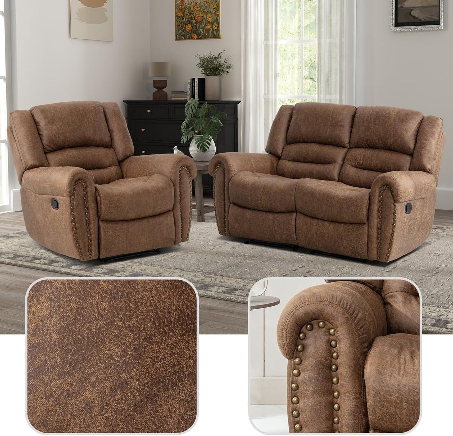 Manual Recliner Sofa Set, Faux Leather Reclining Living Room Set, Included Single Recliner Chair and Loveseat Manual Recliner Sofa, Brown(Recliner+ Loveseat)-3