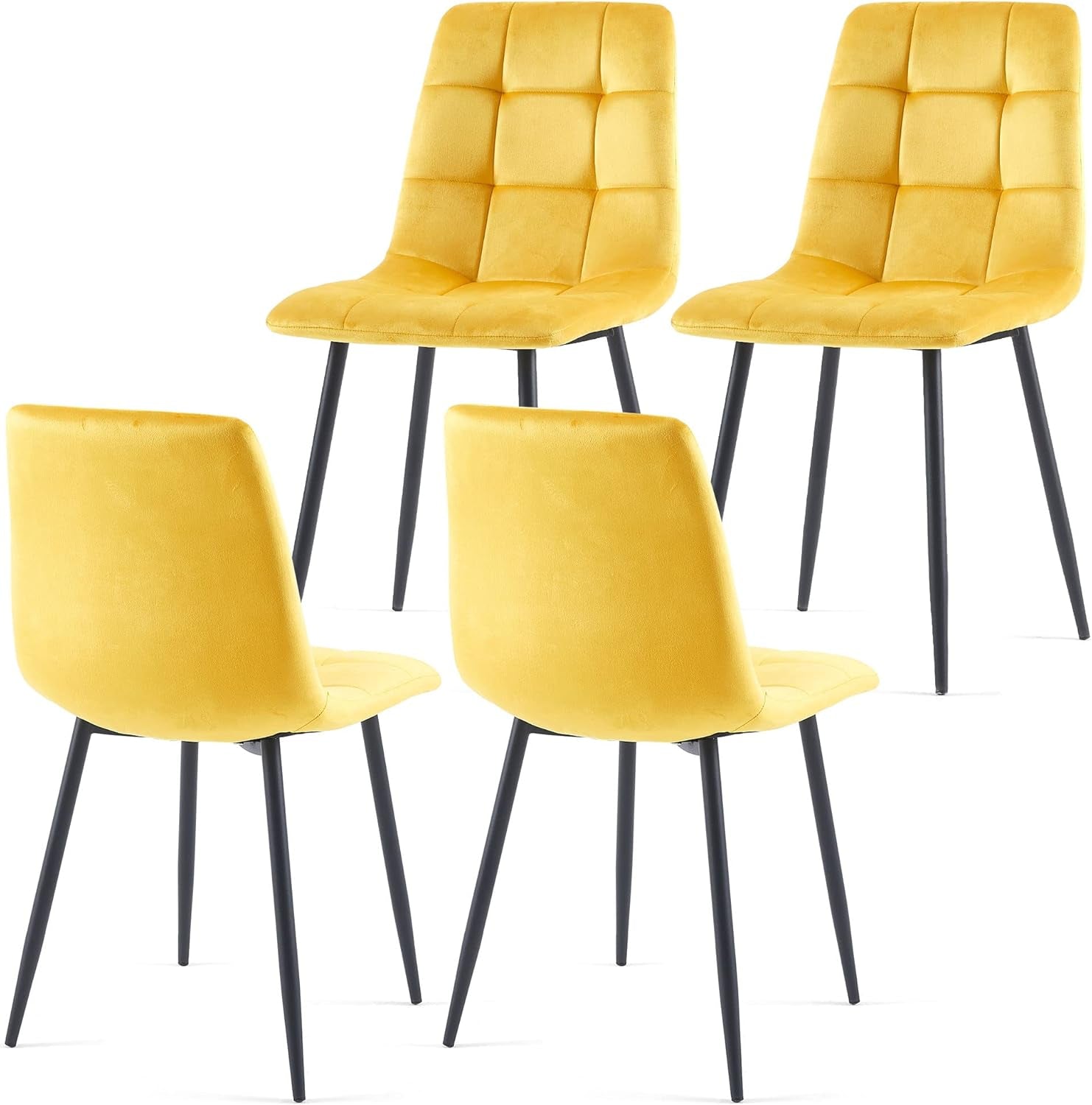 Yellow Velvet Dinner Chairs Set of 4, Modern Armless Biscuit Tufted Dining Side Chairs with Metal Legs for Kitchen Living Room Vanity-0