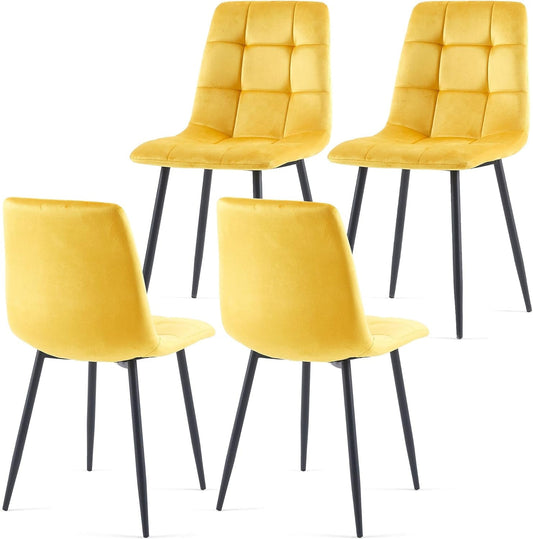 Yellow Velvet Dinner Chairs Set of 4, Modern Armless Biscuit Tufted Dining Side Chairs with Metal Legs for Kitchen Living Room Vanity-0