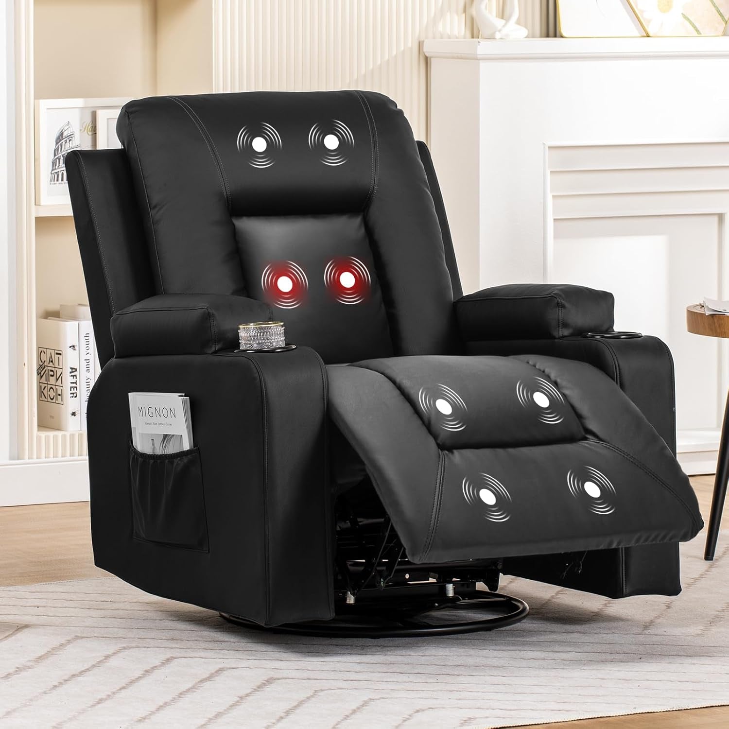 Recliner Chair, Swivel Rocker Recliners, Massage and Heat Reclining Chair, Reclining Sofa with Side Pockets, Cup Holders for Living Room, Bedroom (Black)-0
