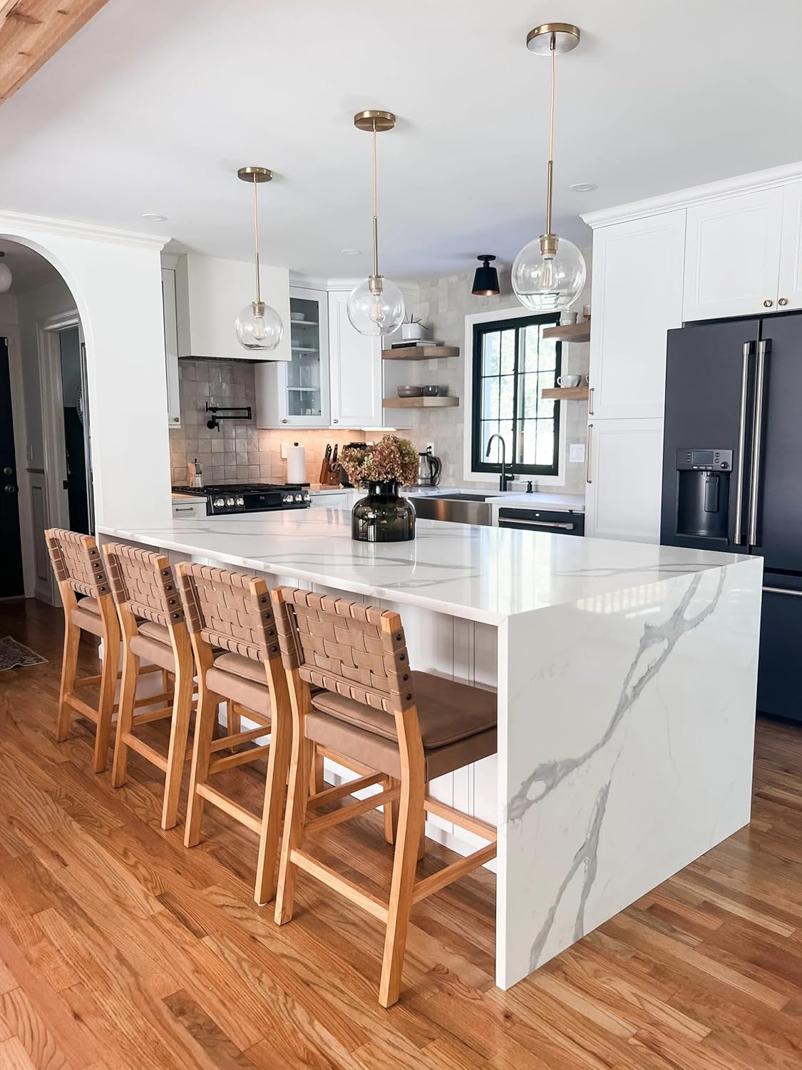 Cohen Mid-Century Modern Leather Bar Stool, Counter Height Chair in Solid Wood Frame with Footrest and Woven Leather Back for Kitchen, Natural Brown, 1 Count, Barstool - 24"-4