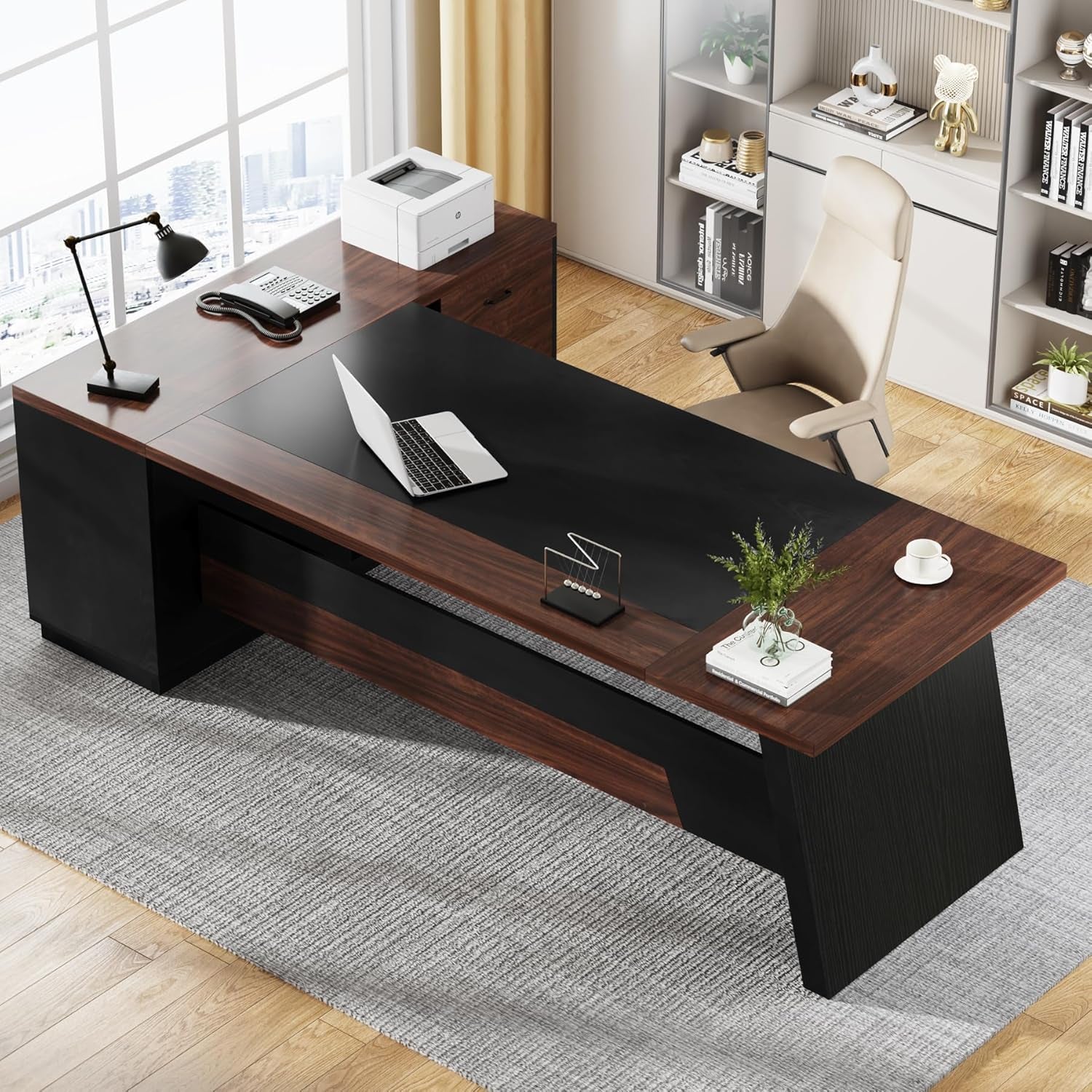 78" L-Shaped Executive Desk, Large Office Desk with Drawers and Lateral File Cabinet, Business Furniture with Storage Shelves, Modern Computer Desk for Home Office, Walnut & Black-2