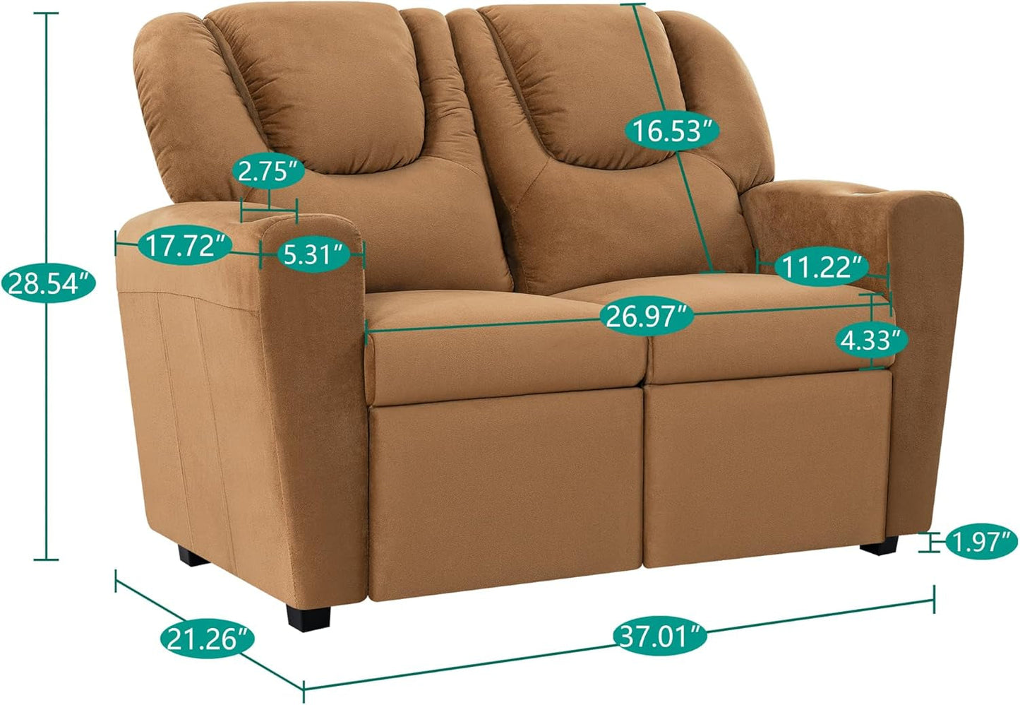 Suri Kids Recliner Loveseat – Spacious Toddler Recliner Chair Ages 3-5 with Cup Holders, Push-Back Function, and Adjustable Footrest - Brown-1