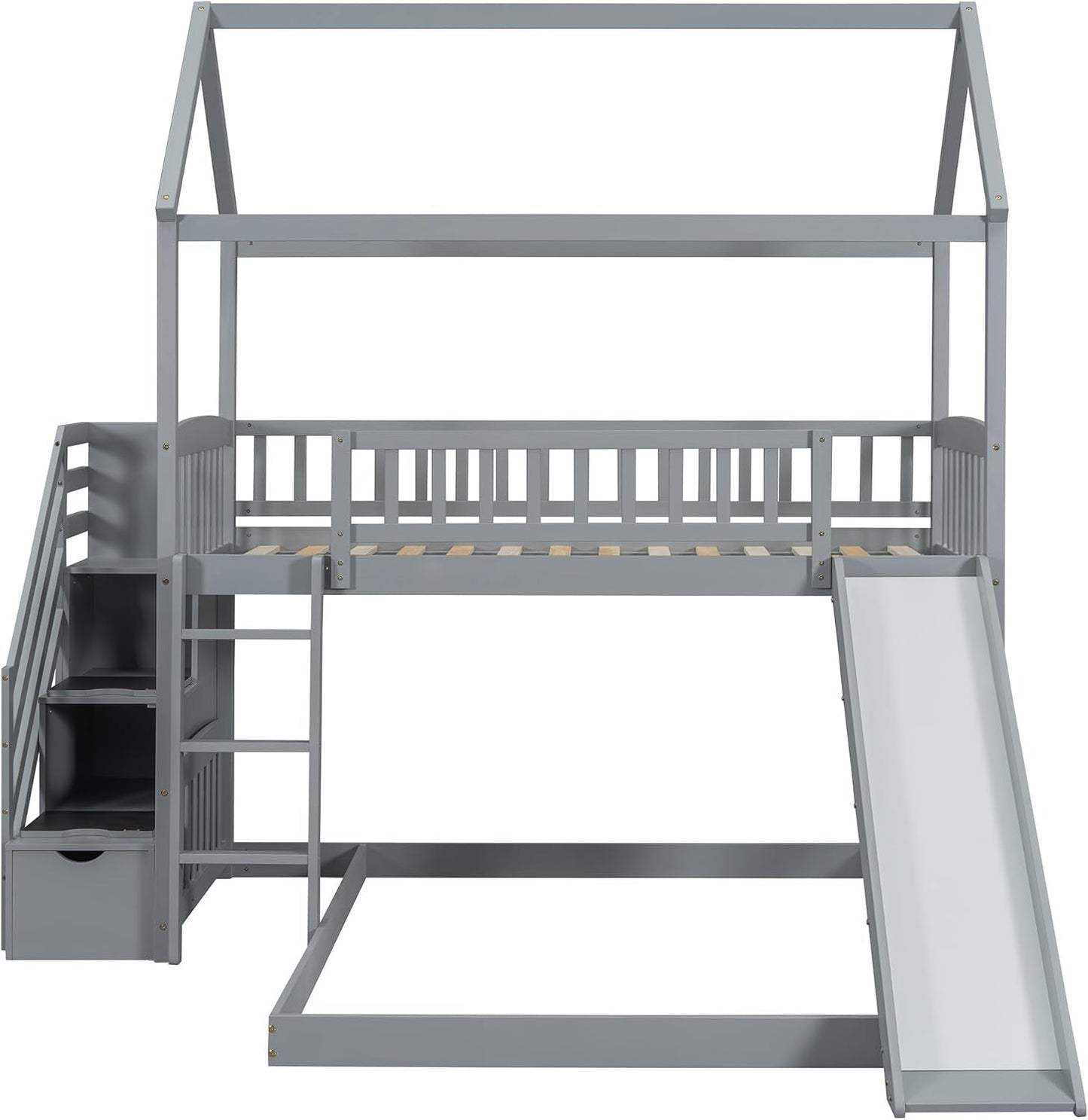 House Loft Bunk Bed Frames with Slide, Stairs and Storage Drawers No Box Spring Needed, Gray, Twin over Twin with Bottom Beds-2