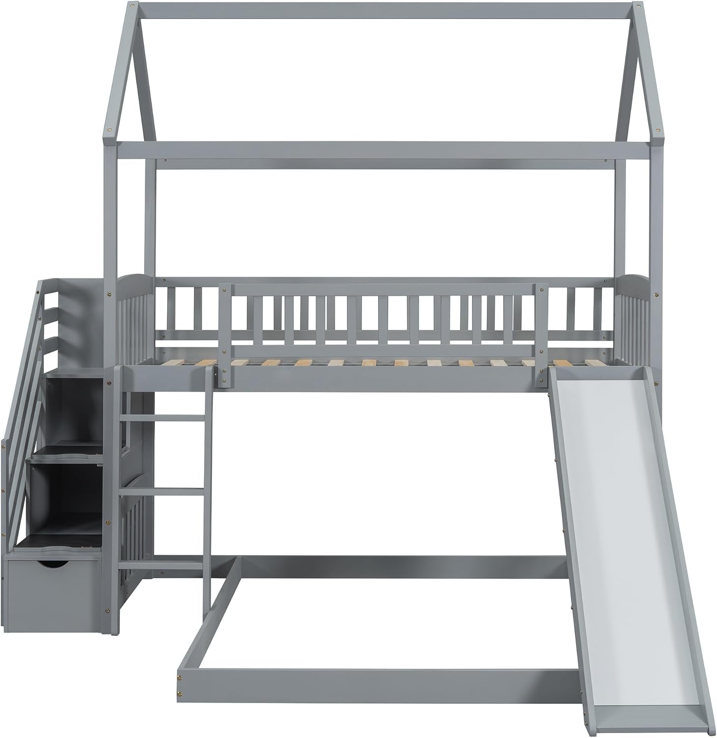 House Loft Bunk Bed Frames with Slide, Stairs and Storage Drawers No Box Spring Needed, Gray, Twin over Twin with Bottom Beds-2