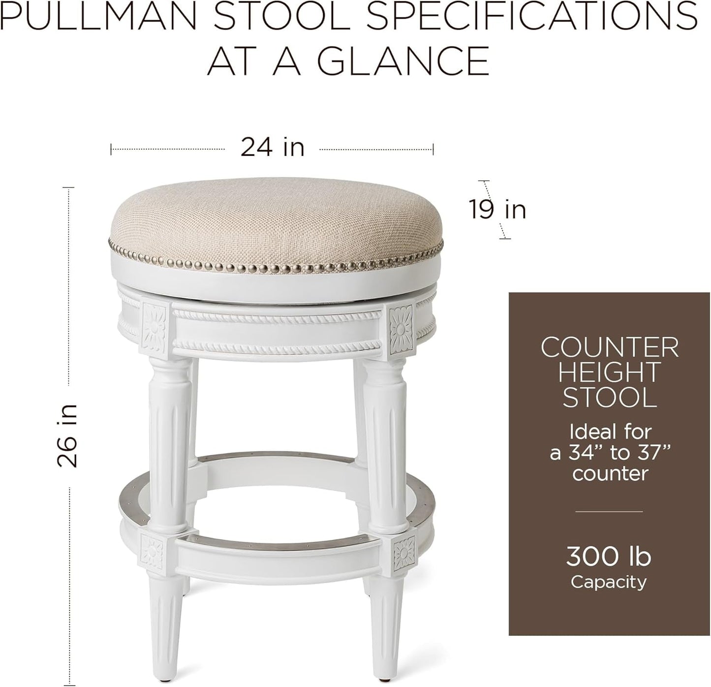 Pullman 26 Inch Tall Backless Alabaster White Finish Counter Height Upholstered Barstool with Cream Fabric Cushion Seat-2