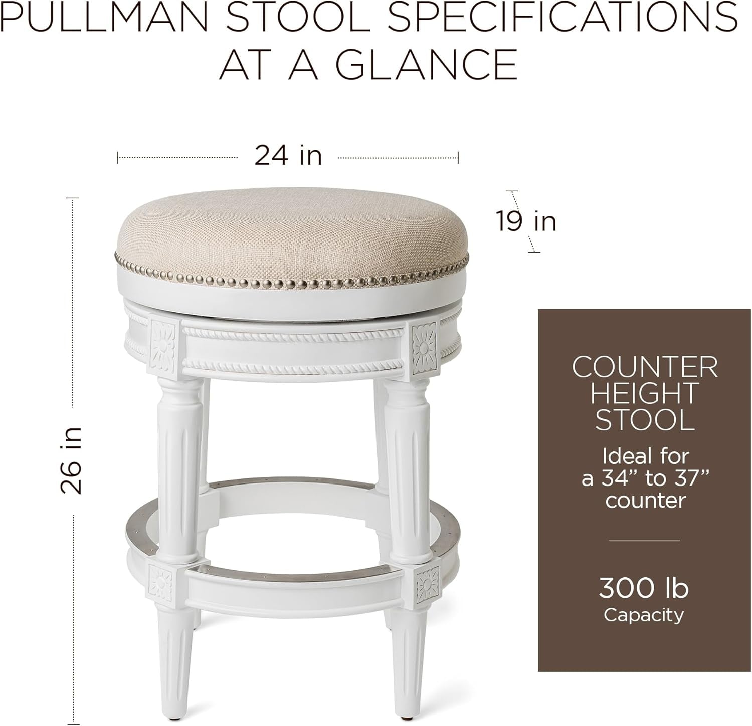 Pullman 26 Inch Tall Backless Alabaster White Finish Counter Height Upholstered Barstool with Cream Fabric Cushion Seat-2