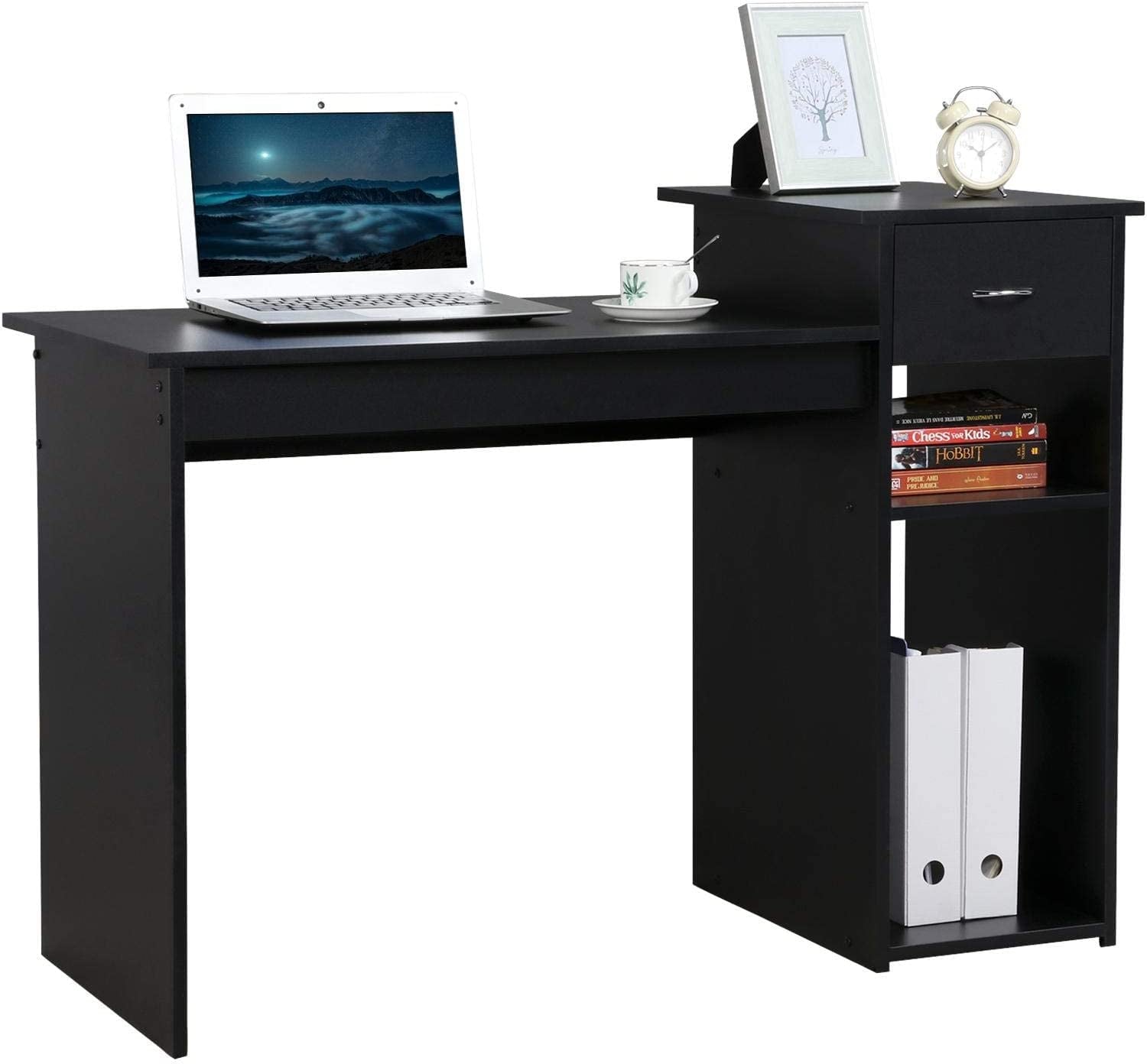 Black Wooden Computer Desk with Storage and Stand-1