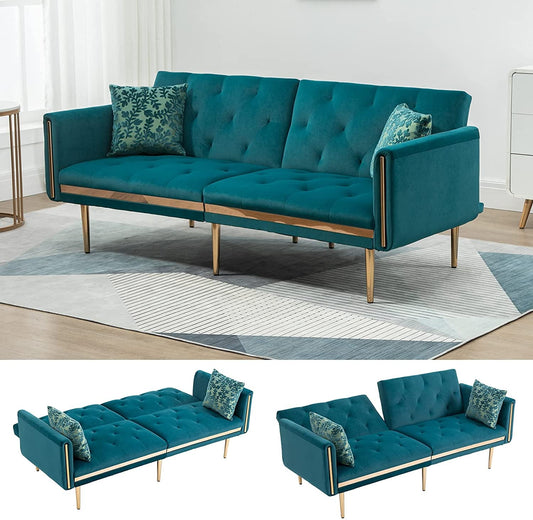 Convertible Velvet Sofa with Golden Legs for Small Spaces-0