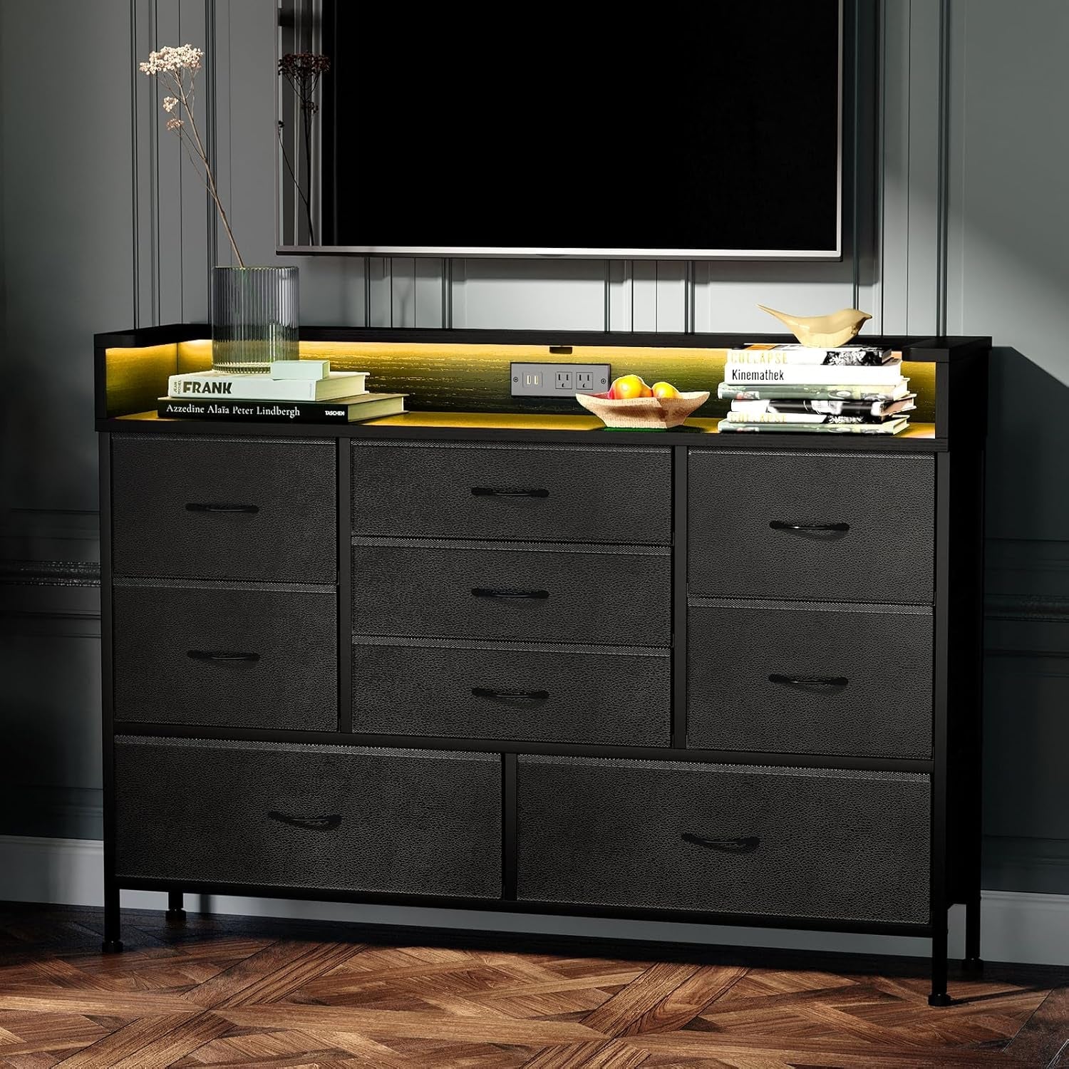Black LED Dresser, Dresser with 9 Drawers and Charging Station, Fabric Chest of Drawers with PU Finish for Kid Room, Entryway, Living Room, Hallway-3