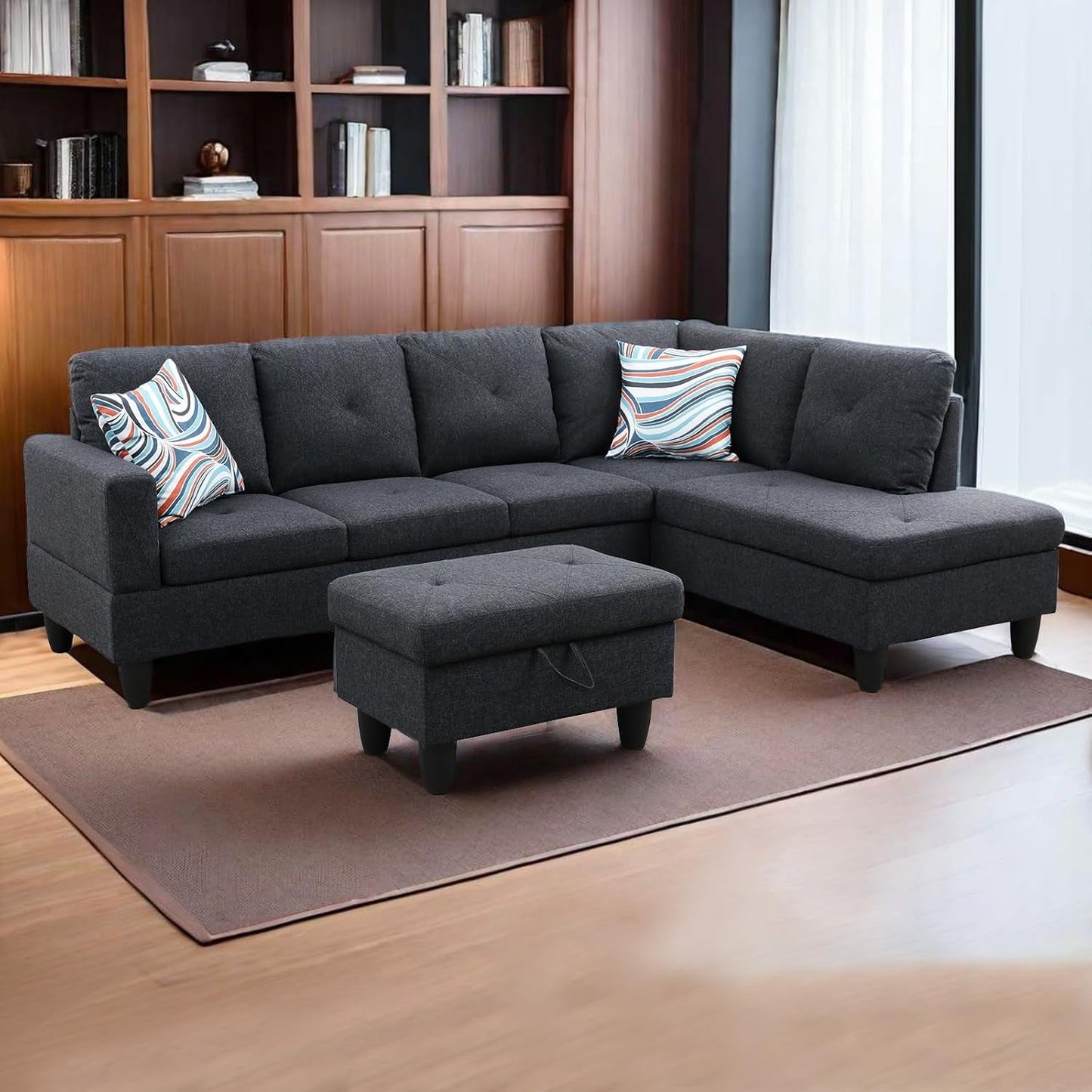 L Shaped Sectional Couch with Storage Ottoman, Modern Nailhead Comfy Lounge Sofa with Reversible Cup Holder & Chaise, 97" 4 Seat Modular Sofá for Living Room Apartment, Amaranth-0