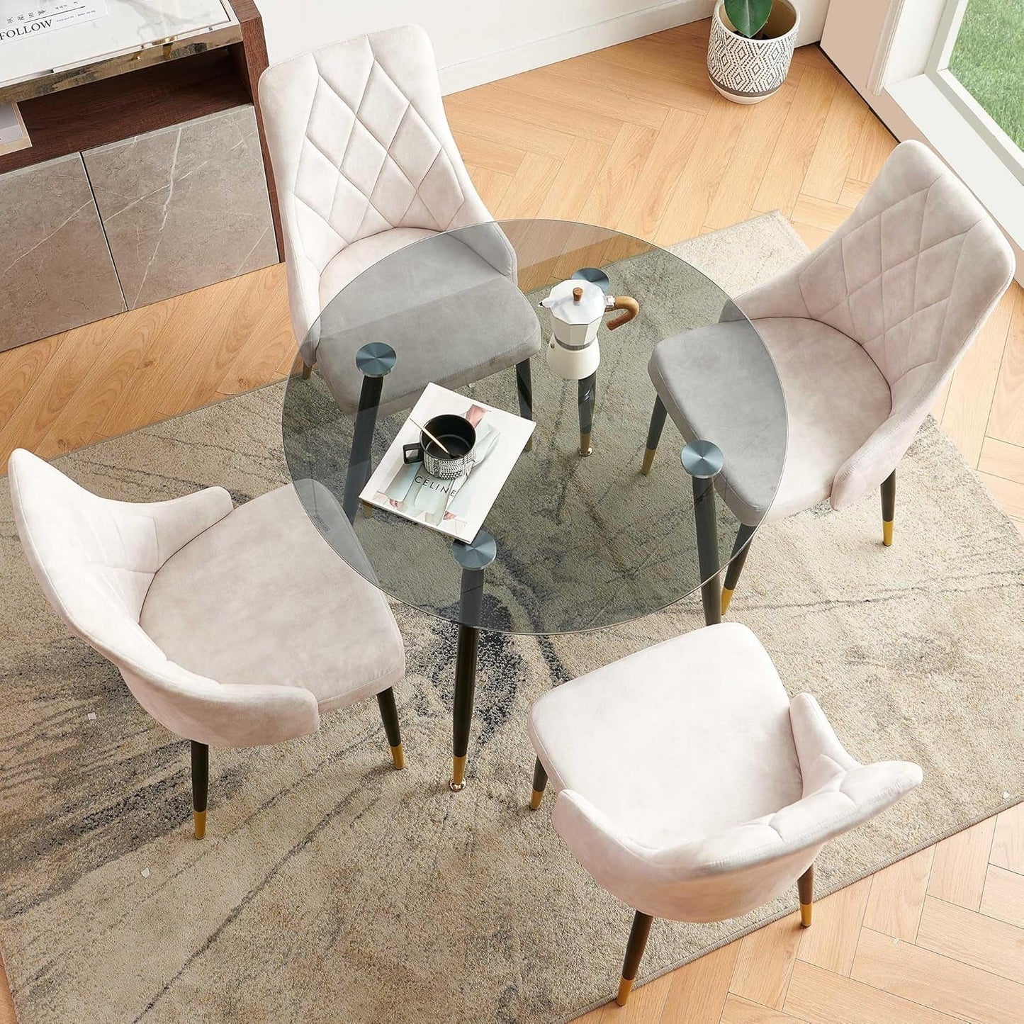 Upholstered Velvet Dining Chair Set of 4, Beige Armless Side Chair with Metal Legs for Home Kitchen-3
