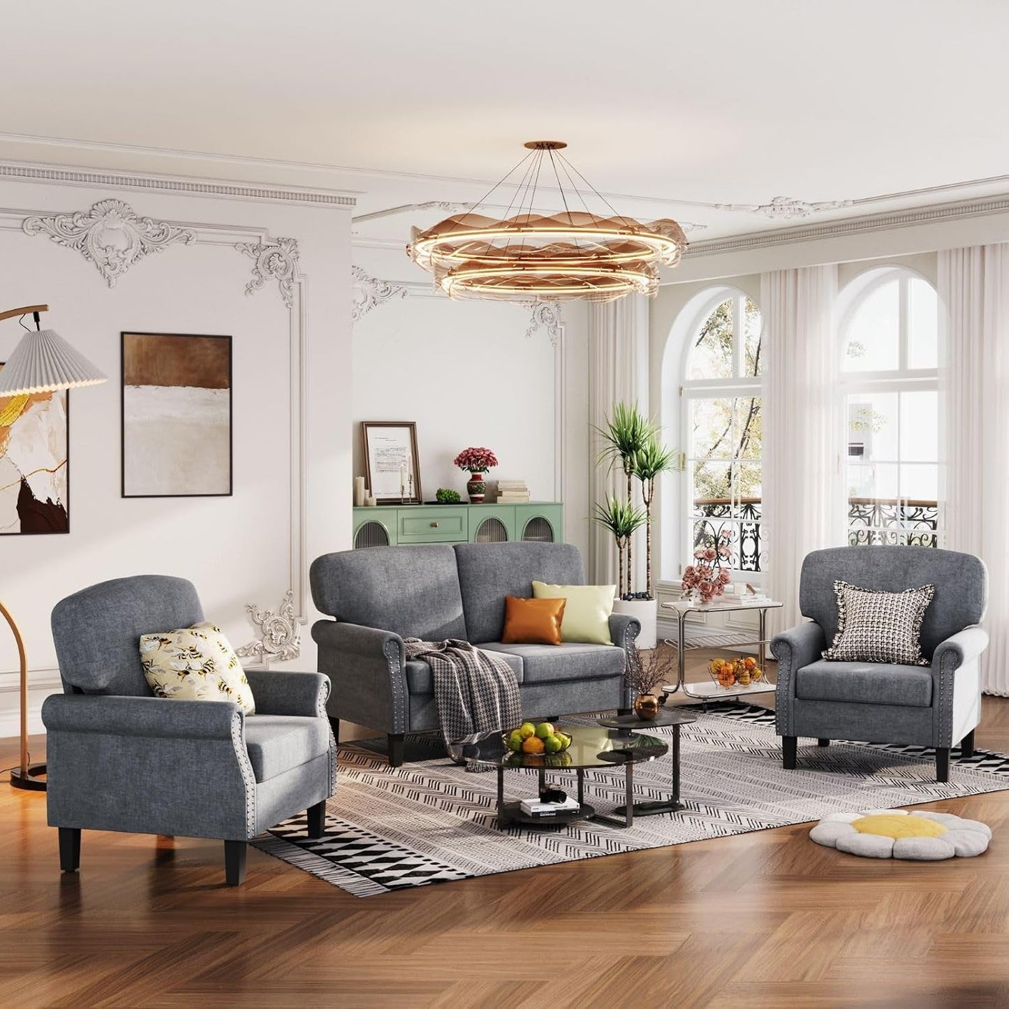 3 Piece Living Room Furniture Set, 1 Loveseat & 2 Accent Chairs, Linen Fabric Comfy Sectional Sofa Couch for Living Room, Bedroom, Grey-2